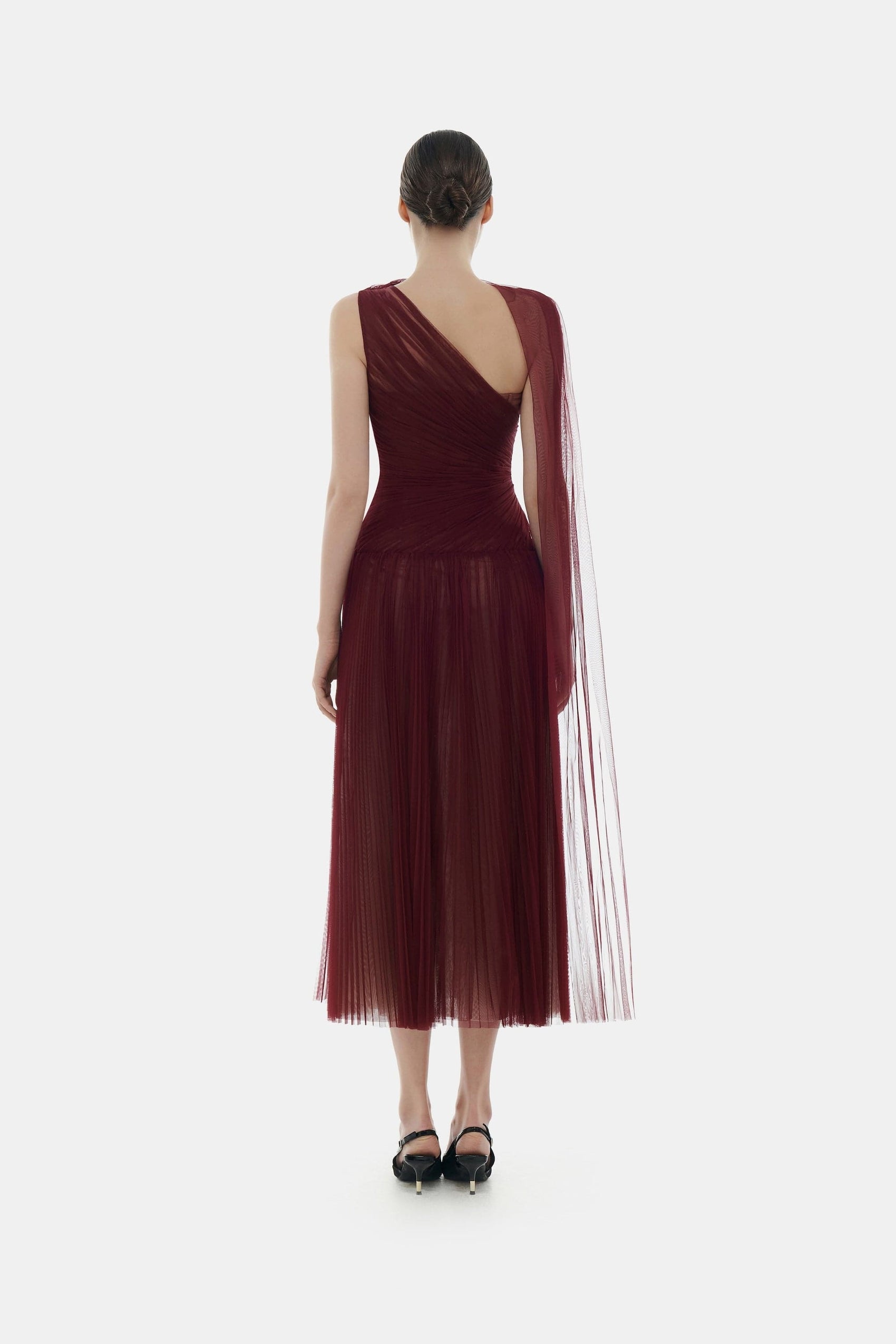 Burgundy one-shoulder pleated dress