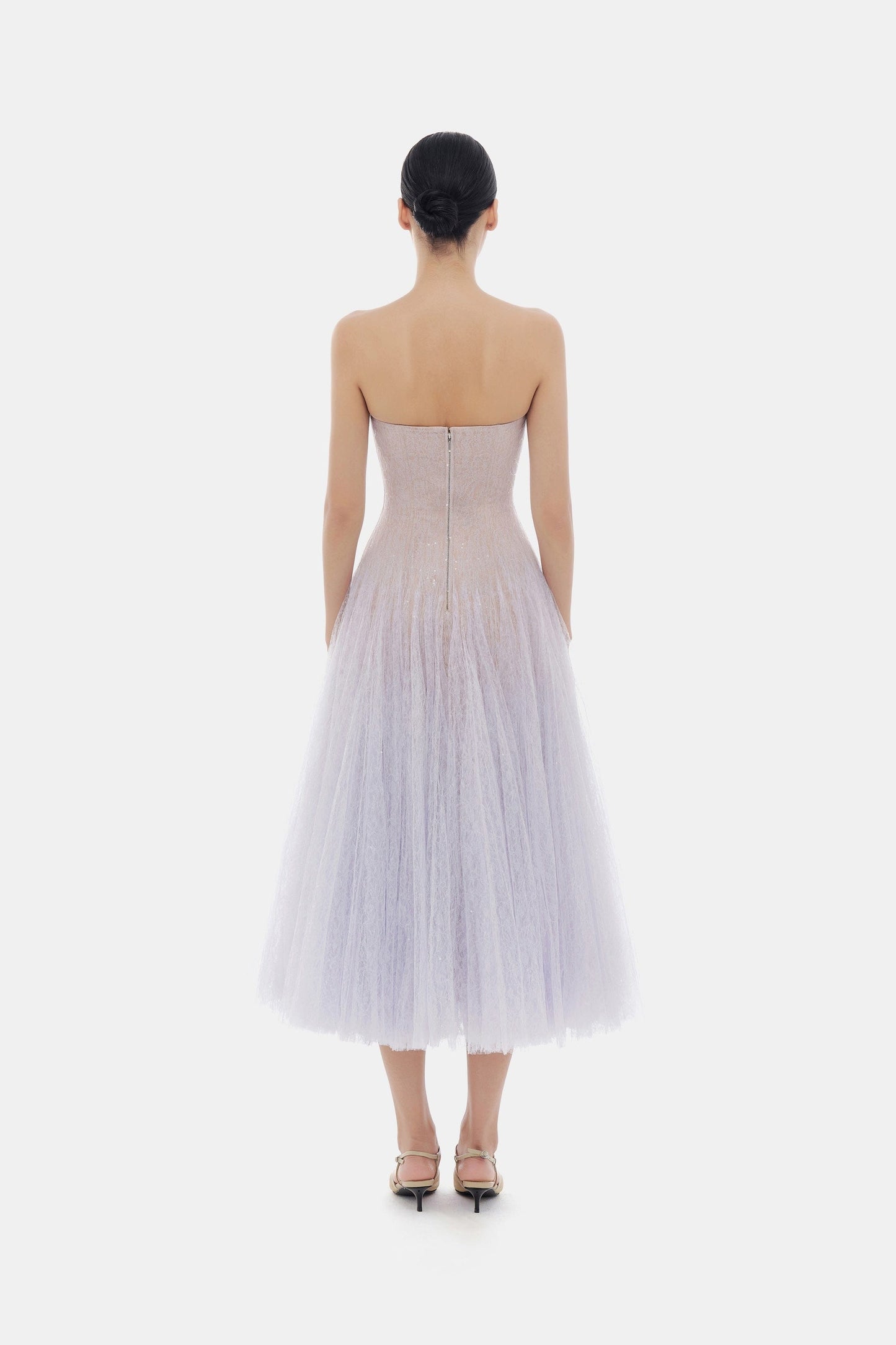 Montt112996 strapless tulle midi dress, back view
