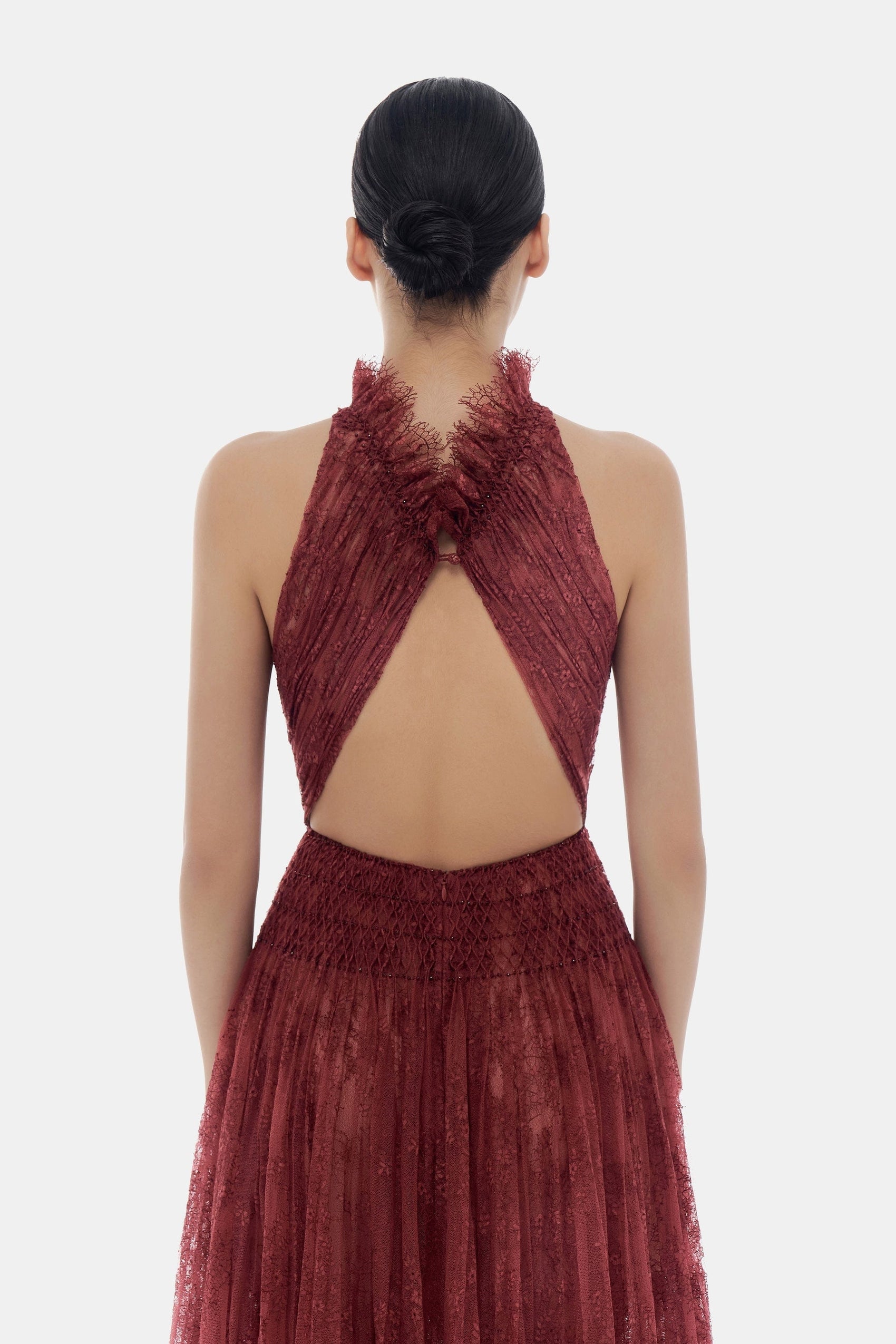 Back view of red halter dress