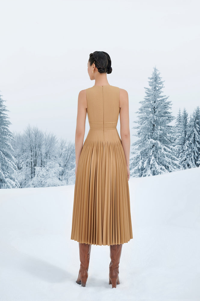 Brown Pleated Midi Dress