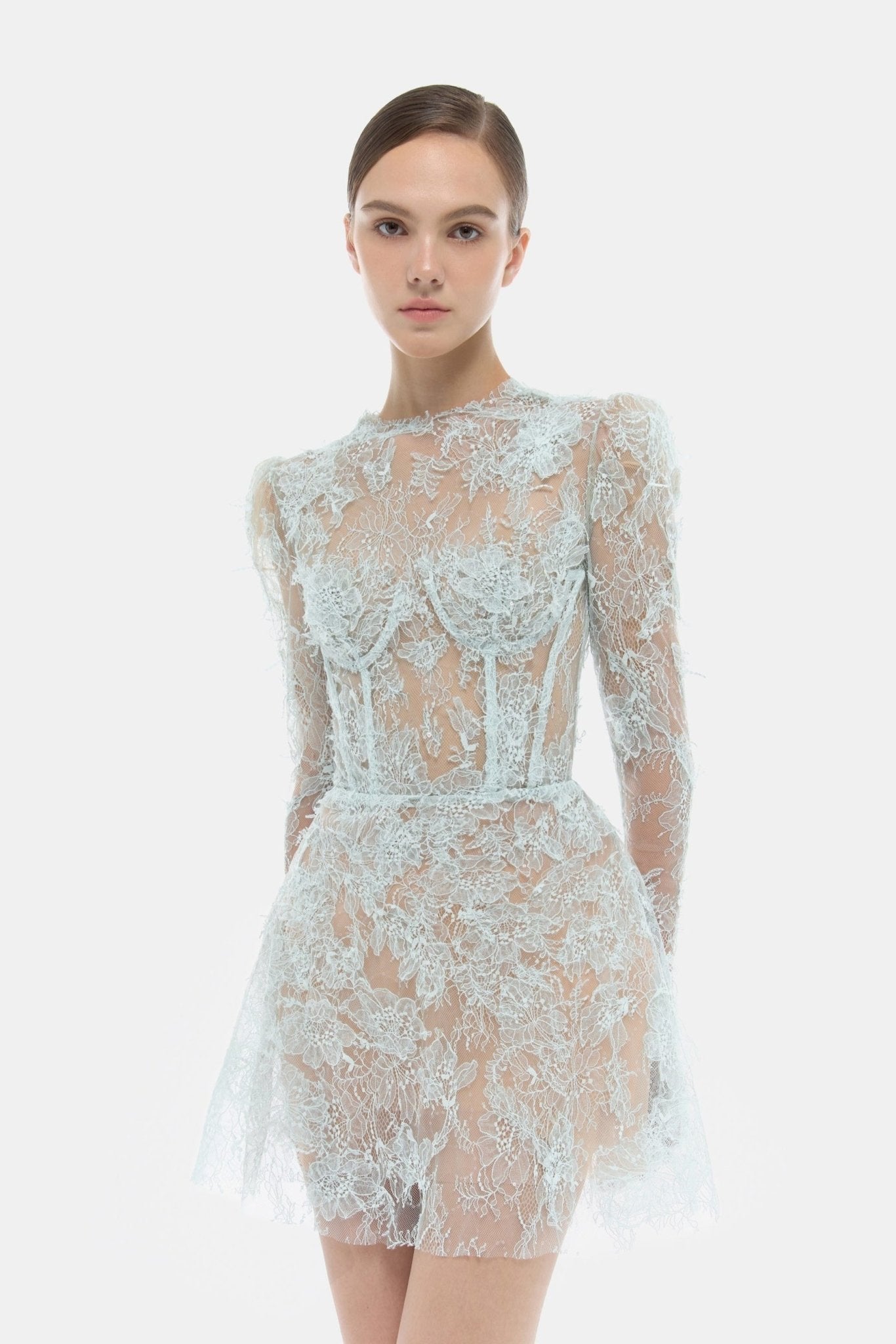 Baby Blue Beaded Lace Mini Dress - Montsand