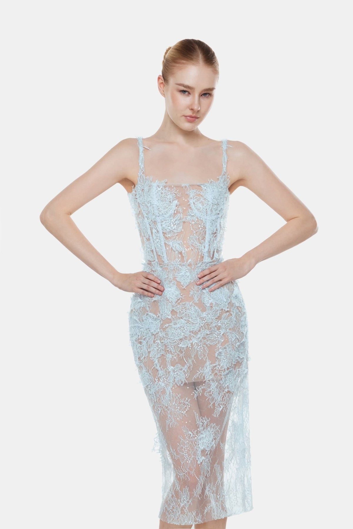Baby Blue Beaded Lace Pencil Dress - Montsand