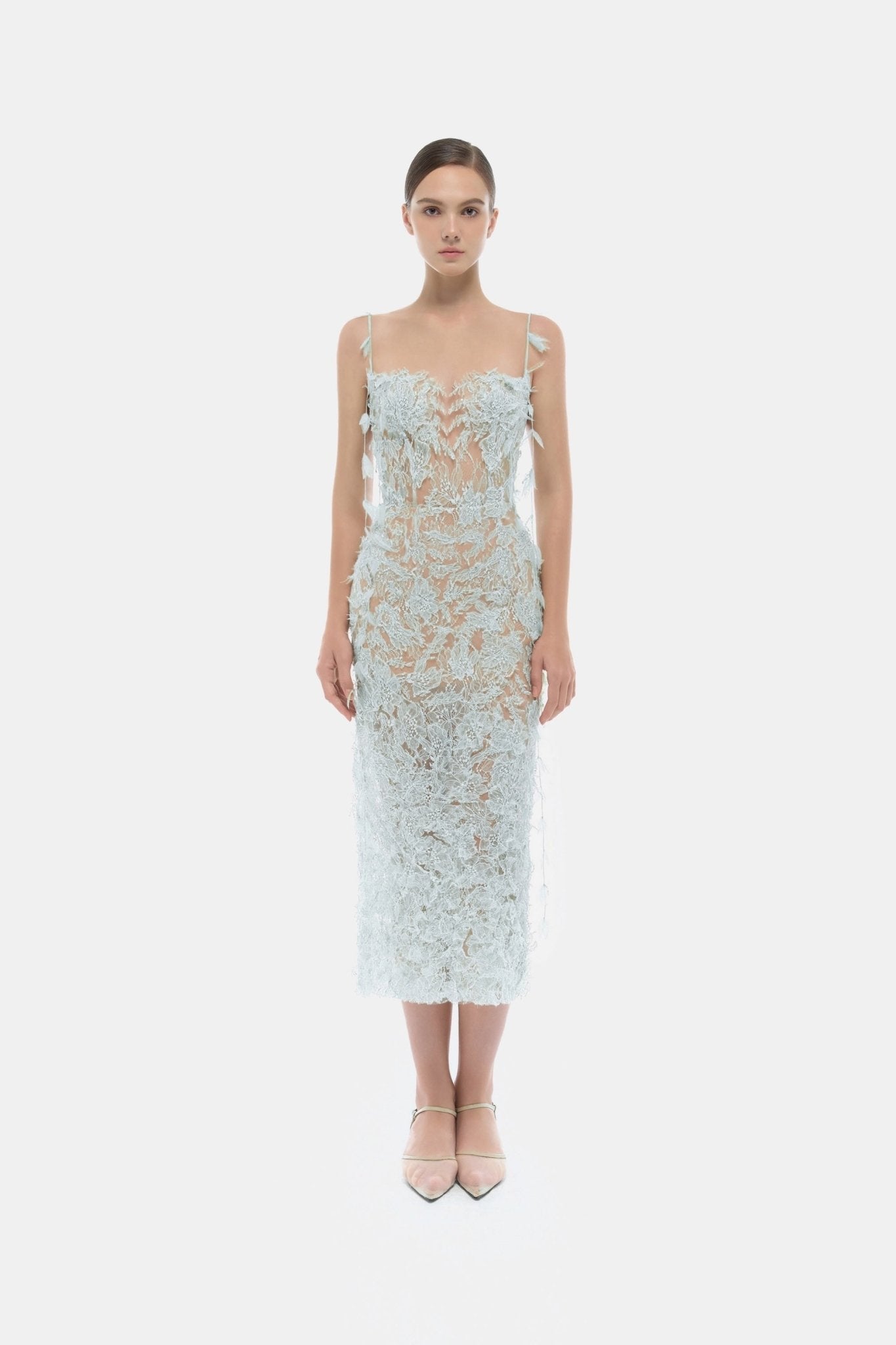 Baby Blue Beaded Lace Pencil Dress - Montsand