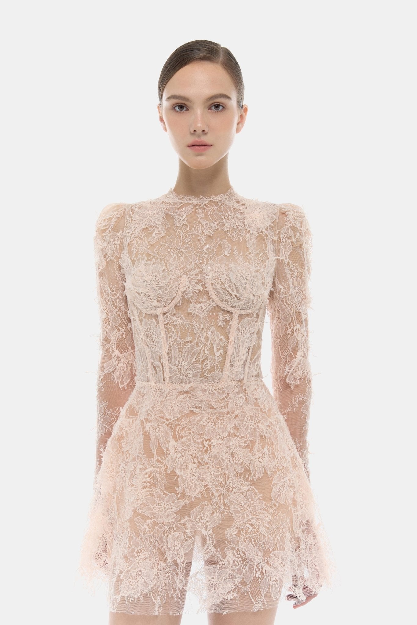 Baby Pink Beaded Lace Mini Dress - Montsand