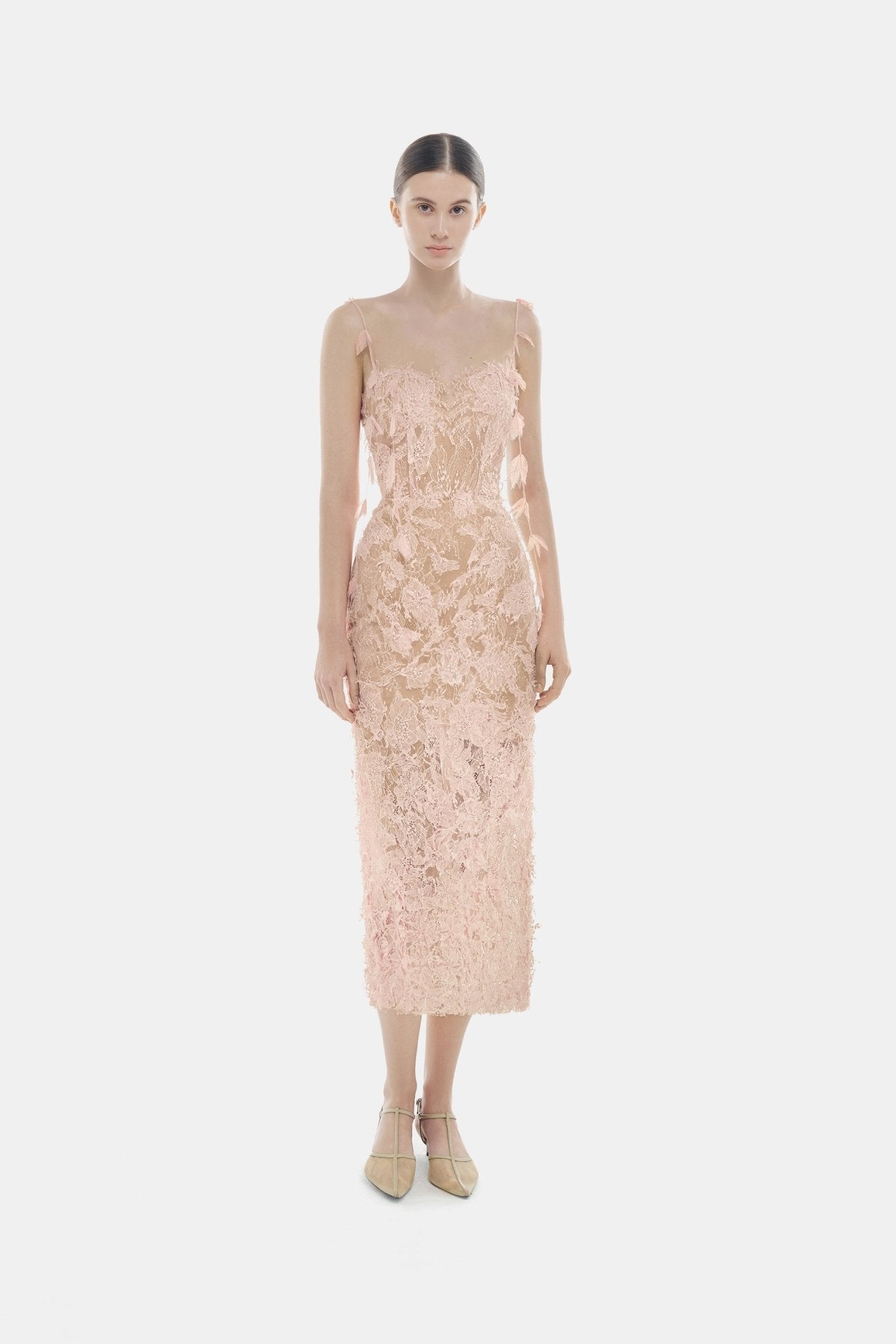 Baby Pink Beaded Lace Pencil Dress - Montsand