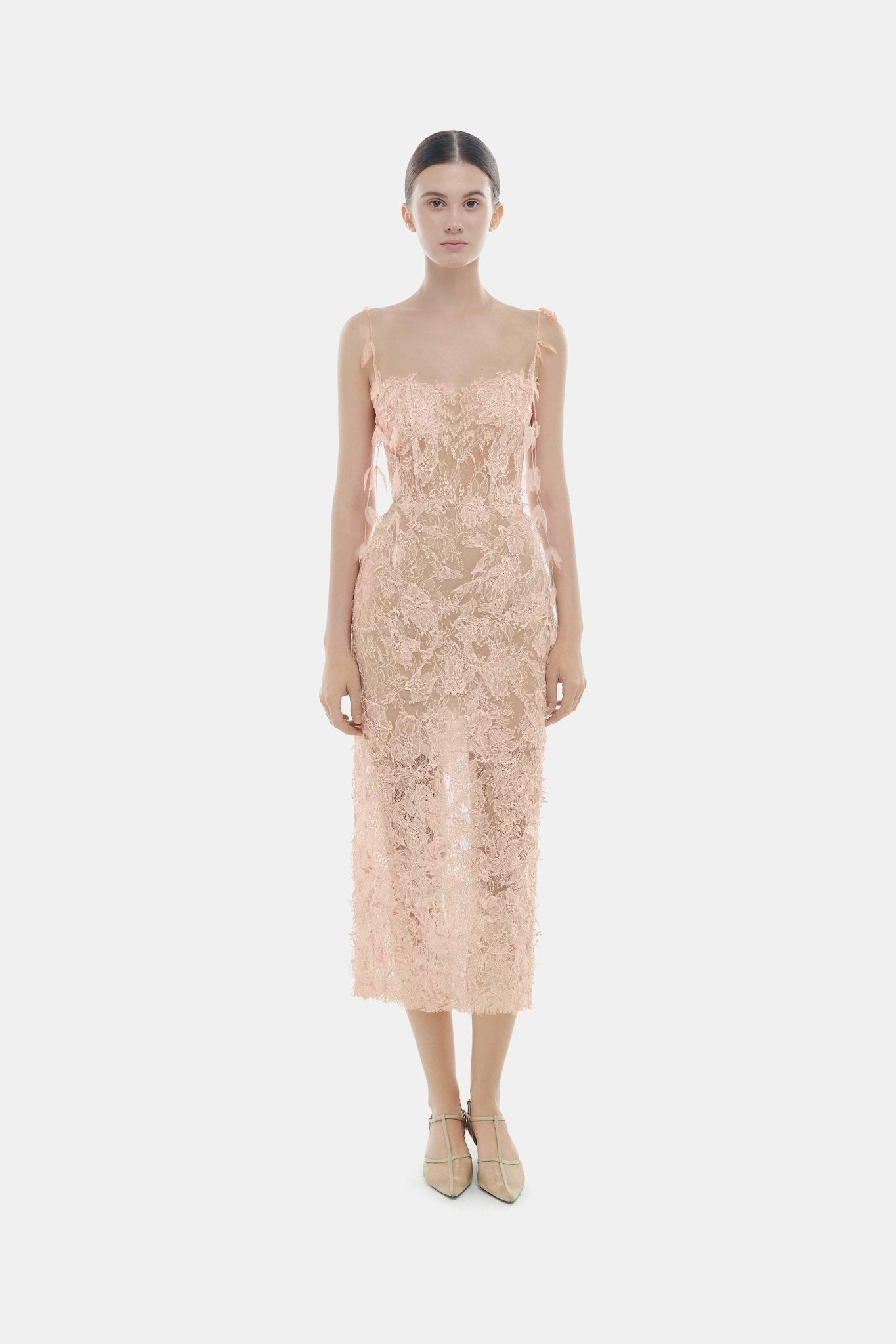 Baby Pink Beaded Lace Pencil Dress - Montsand