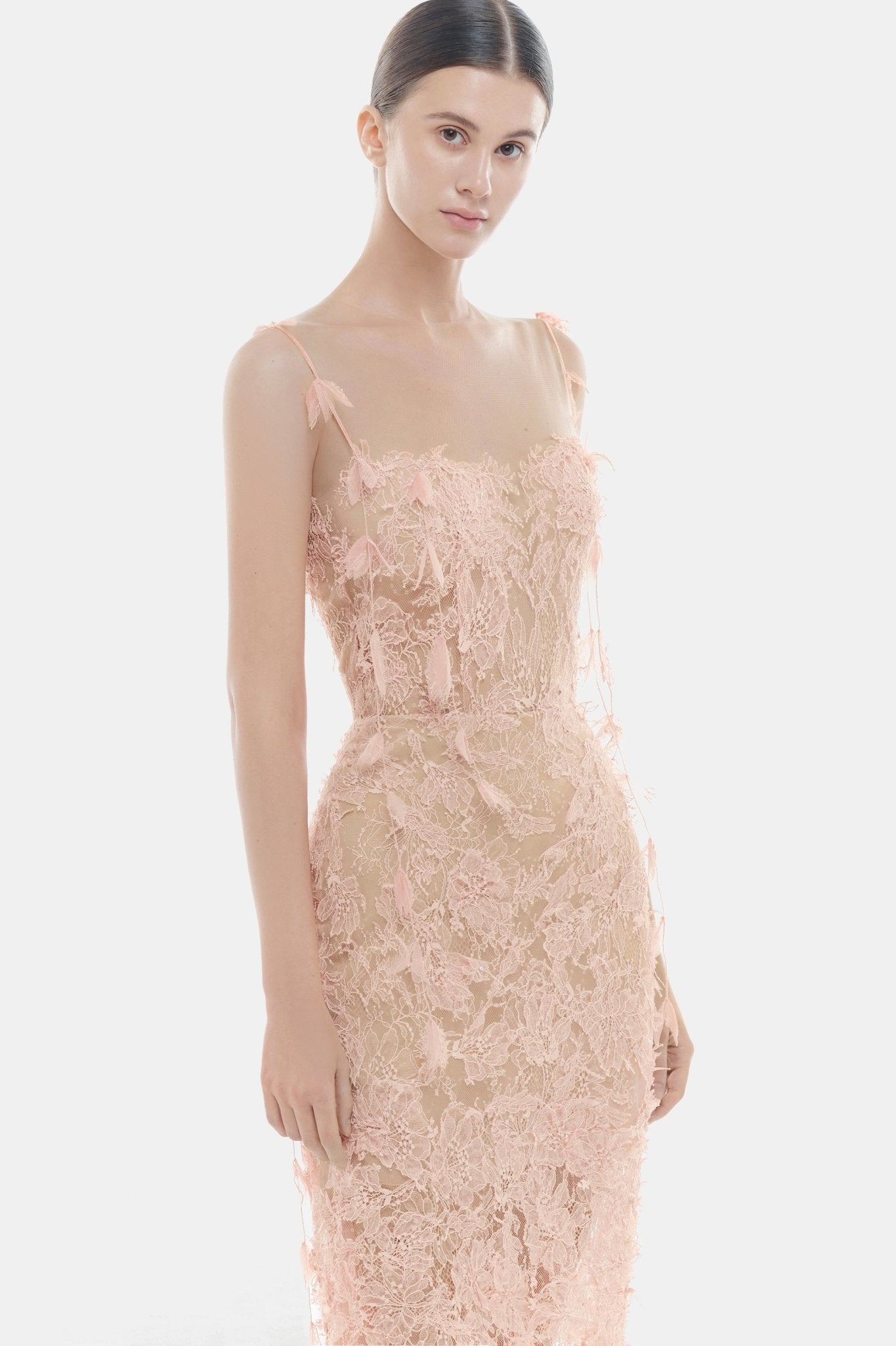 Baby Pink Beaded Lace Pencil Dress - Montsand