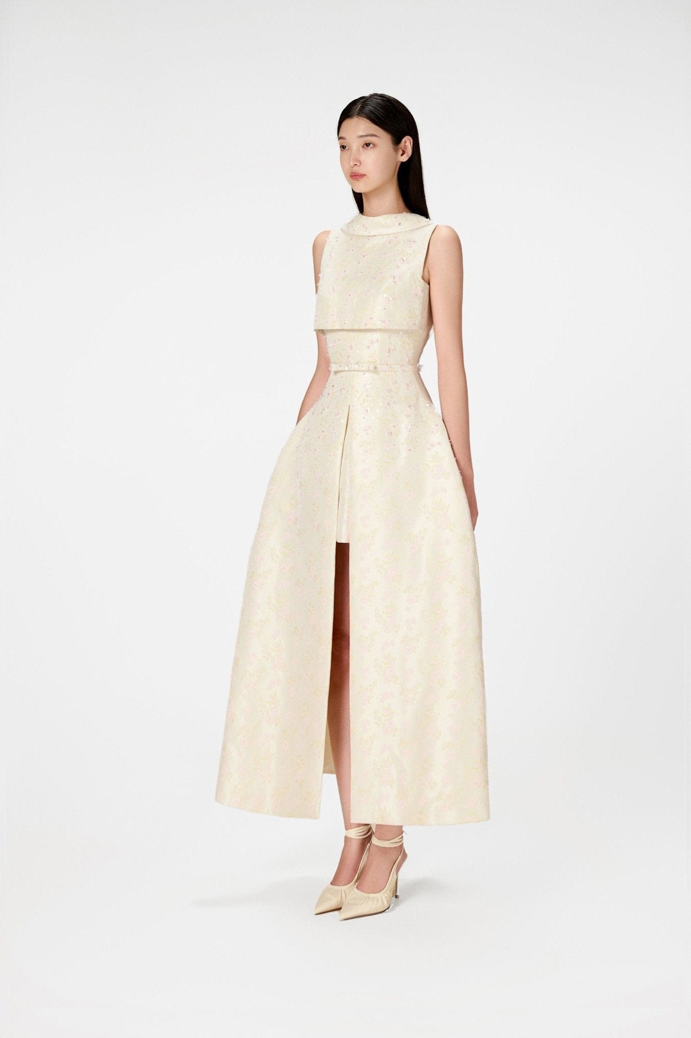 Beaded Brocade Cowl Neck Long - Montsand