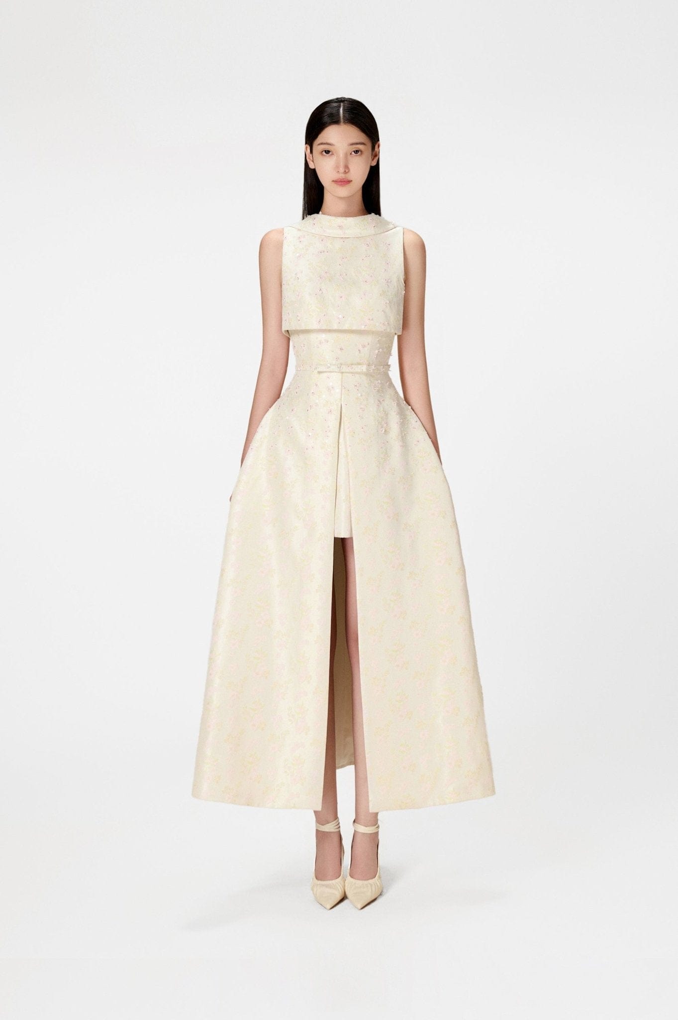 Beaded Brocade Cowl Neck Long - Montsand