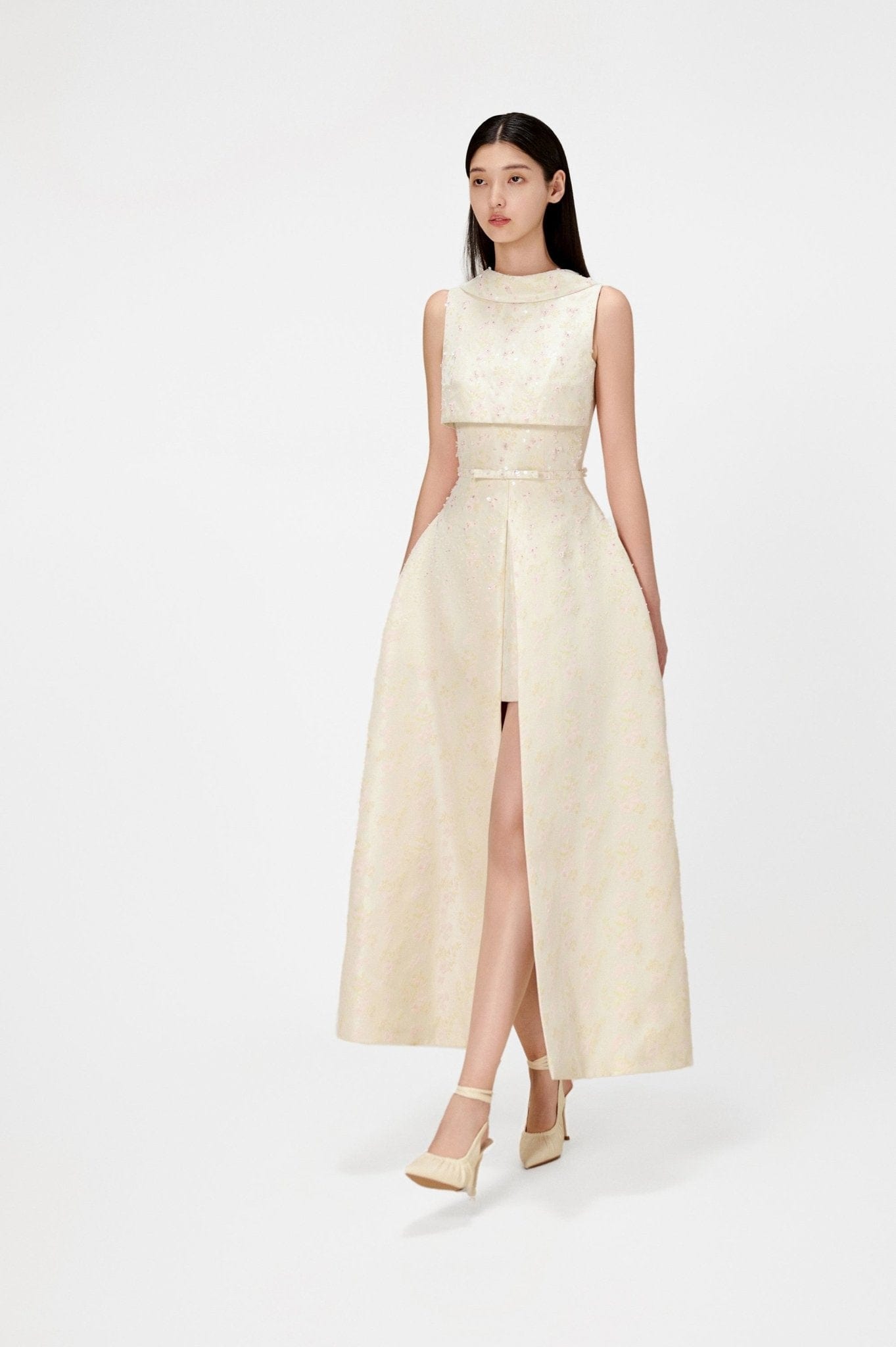 Beaded Brocade Cowl Neck Long - Montsand