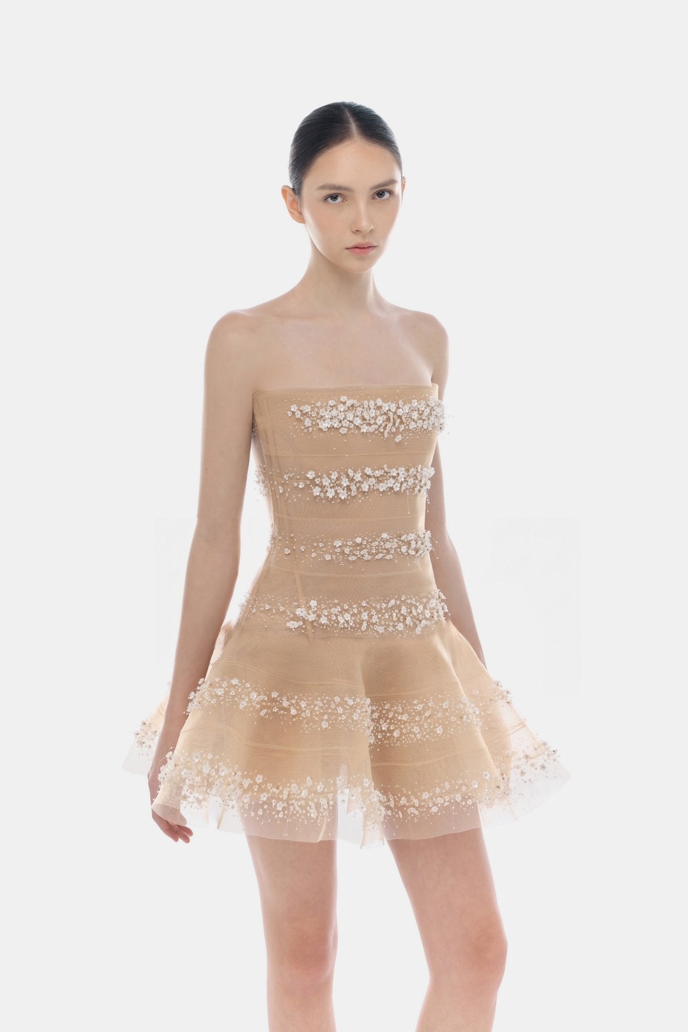 Beige 3D Floral Skater Dress - Montsand