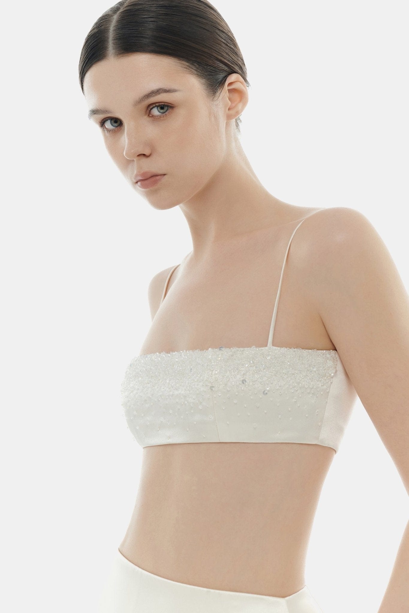 Beige Crystal Beaded Silk Bandeau - Montsand