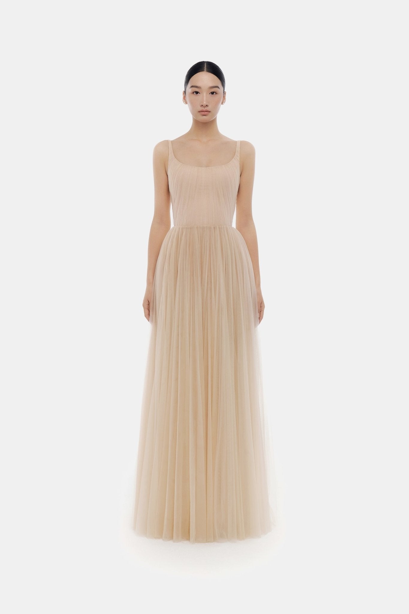 Beige Draped Tulle Maxi Dress - Montsand