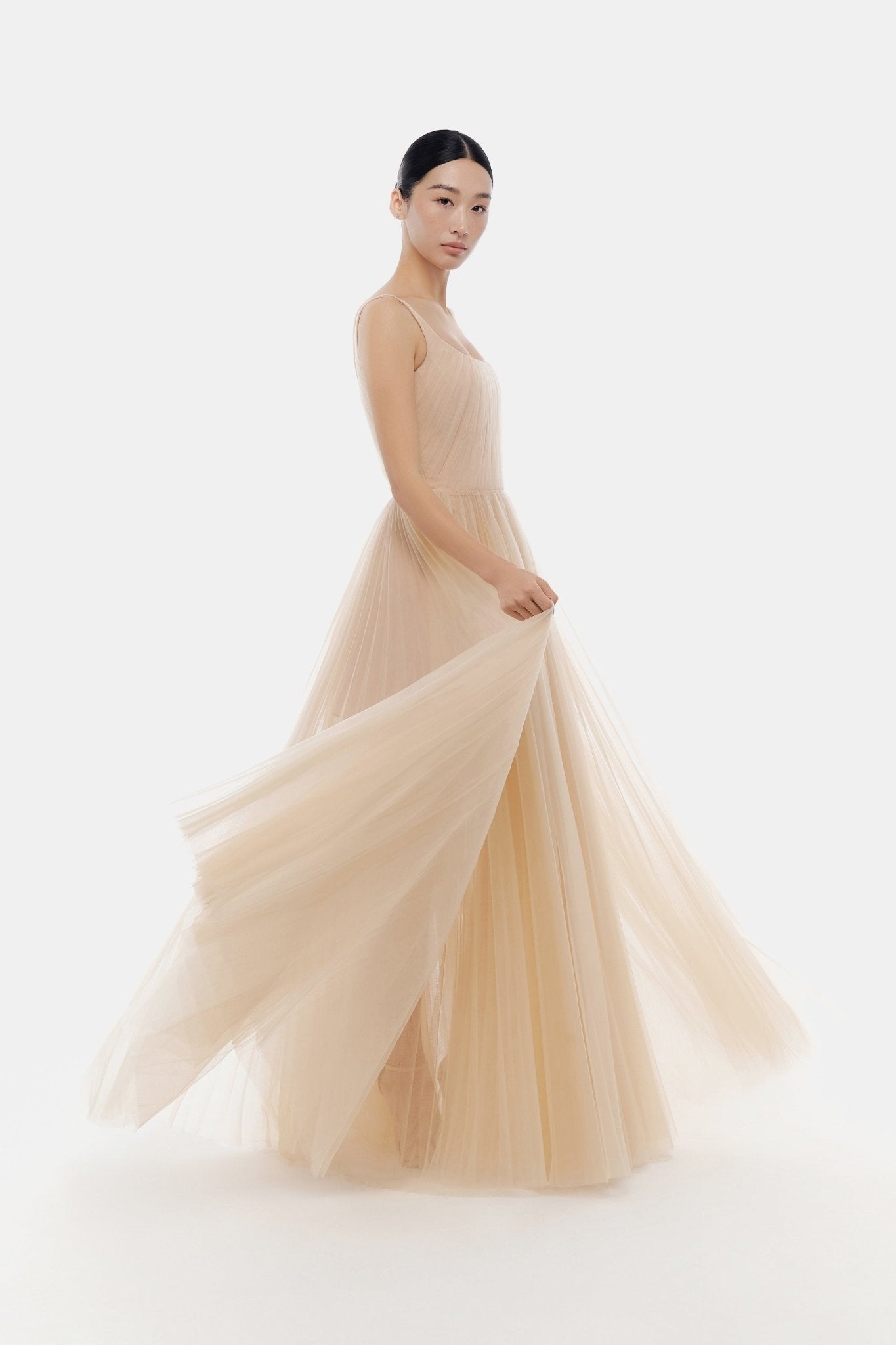 Beige Draped Tulle Maxi Dress - Montsand