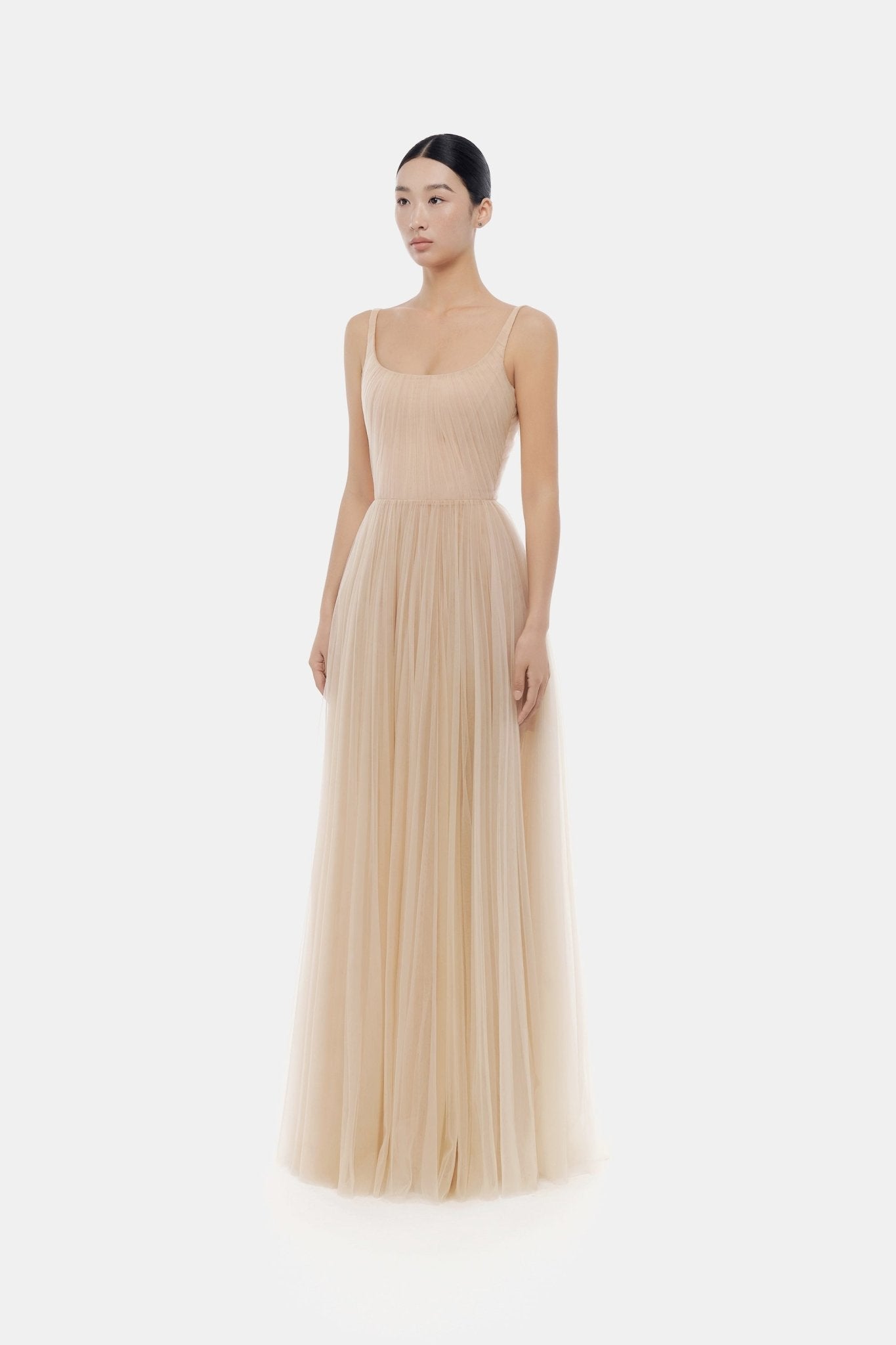 Beige Draped Tulle Maxi Dress - Montsand