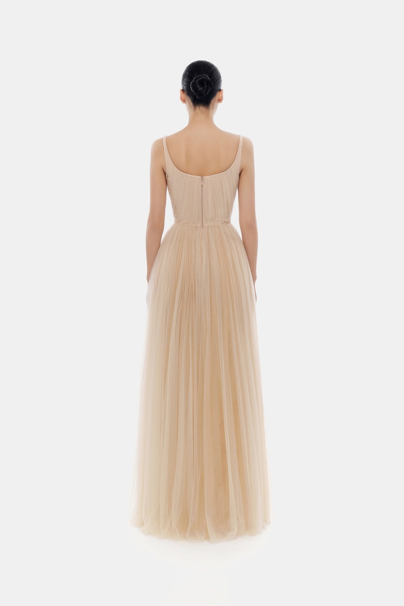 Beige Draped Tulle Maxi Dress - Montsand