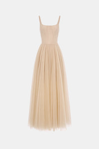 Beige Draped Tulle Maxi Dress - Montsand