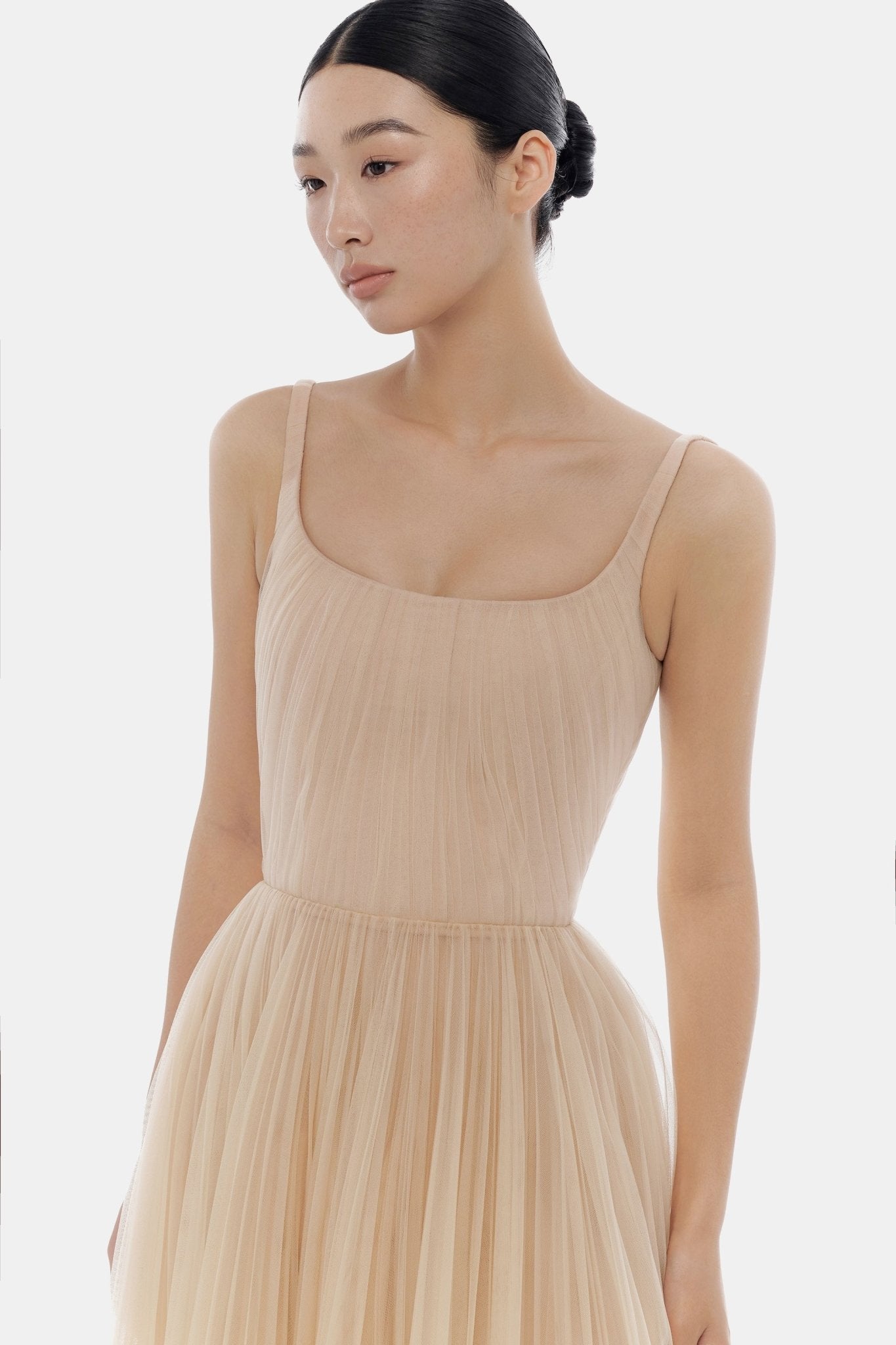 Beige Draped Tulle Maxi Dress - Montsand