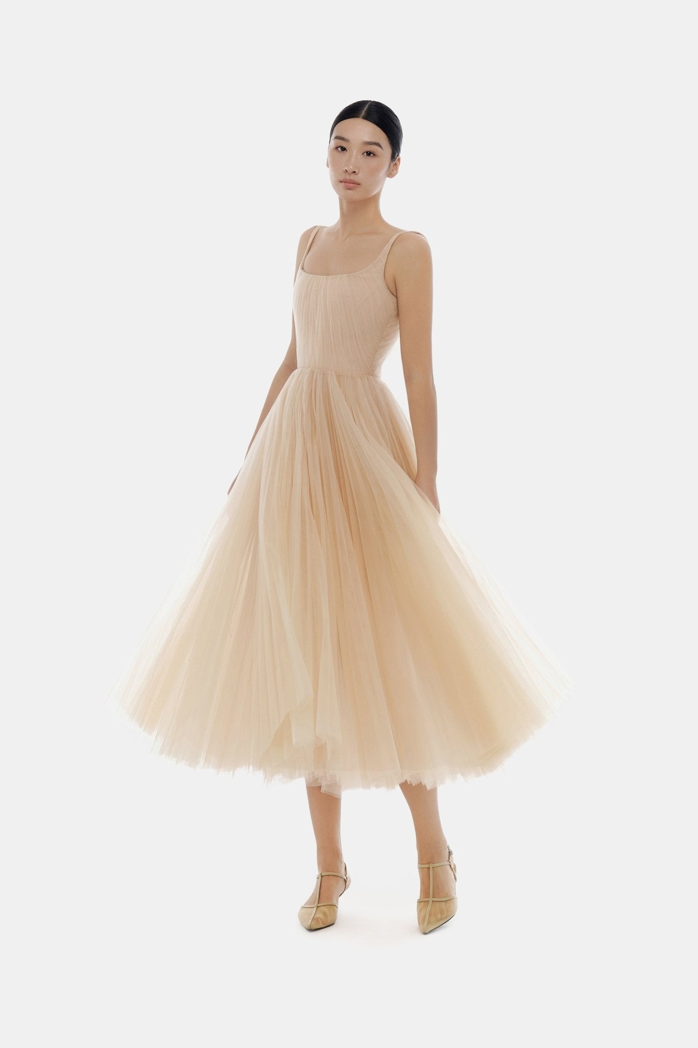 Beige Draped Tulle Midi Dress - Montsand