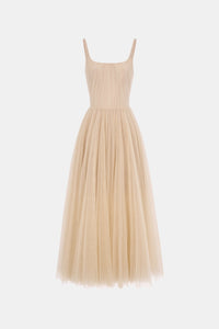 Beige Draped Tulle Midi Dress - Montsand