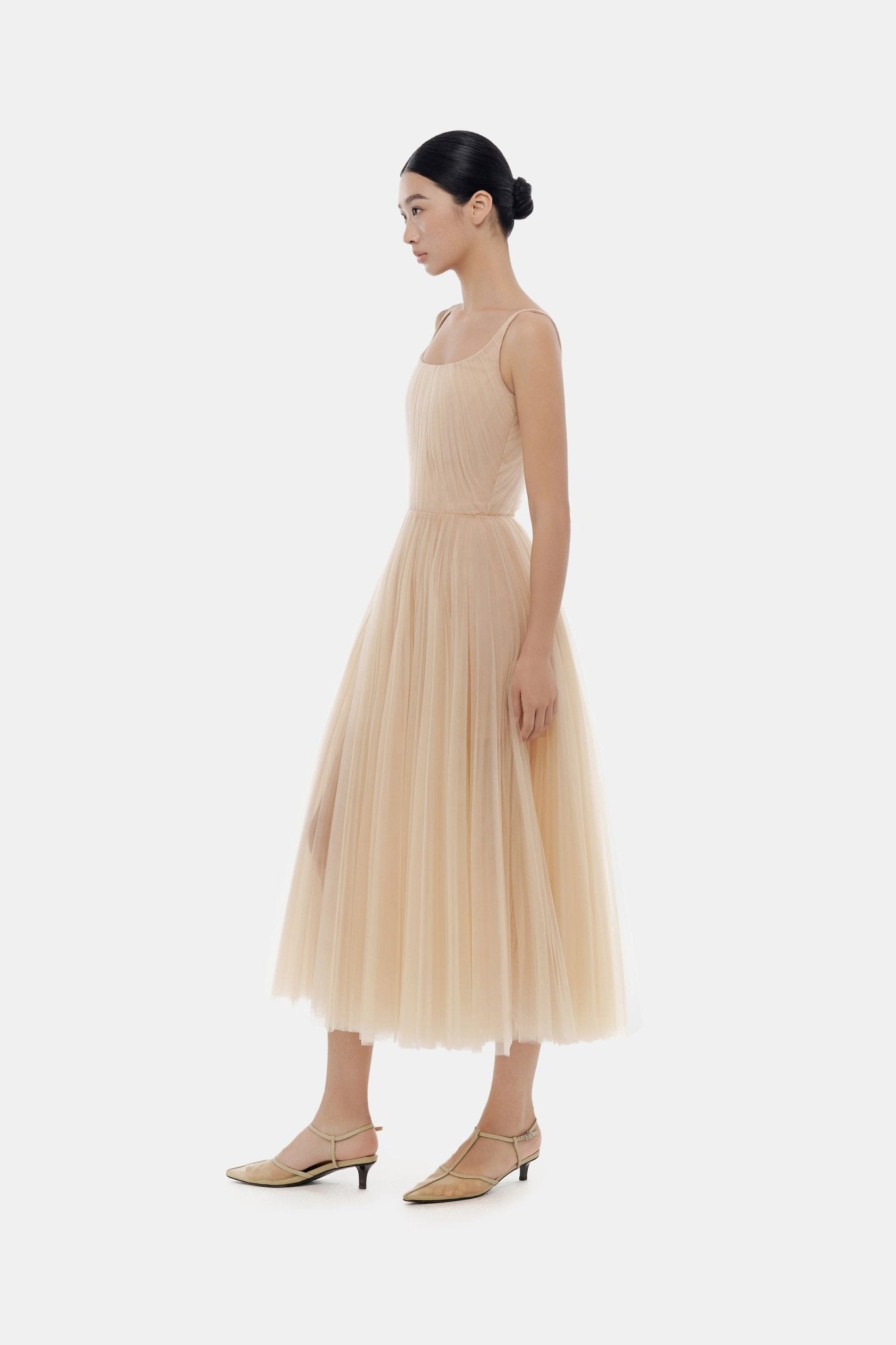 Beige Draped Tulle Midi Dress - Montsand