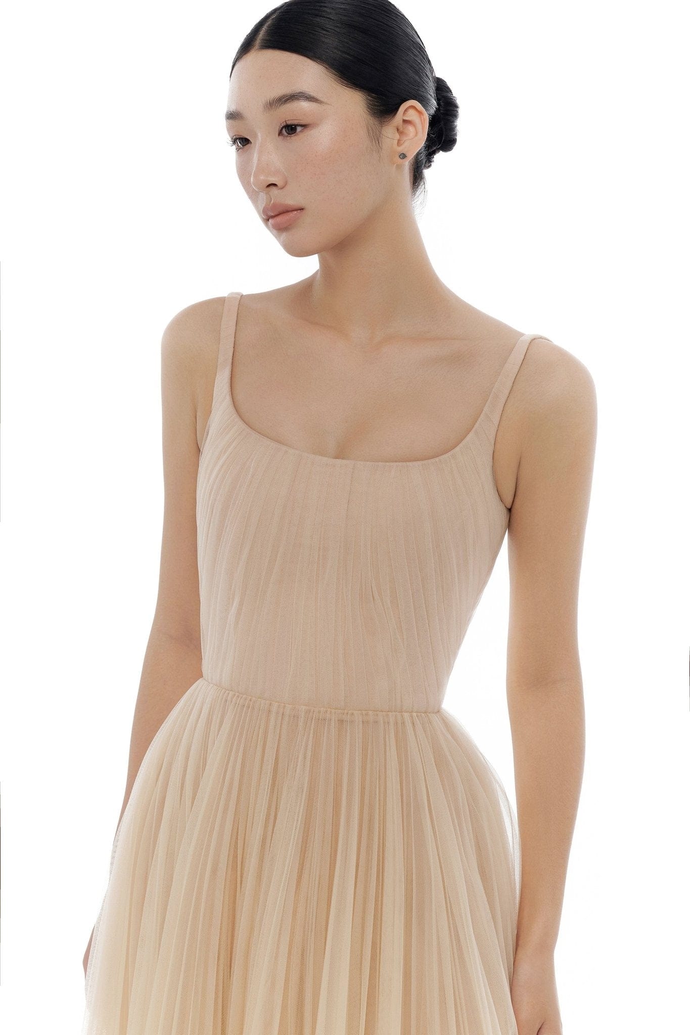 Beige Draped Tulle Midi Dress - Montsand