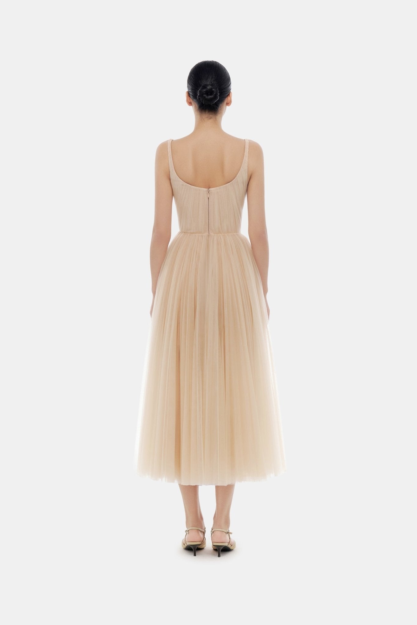 Beige Draped Tulle Midi Dress - Montsand