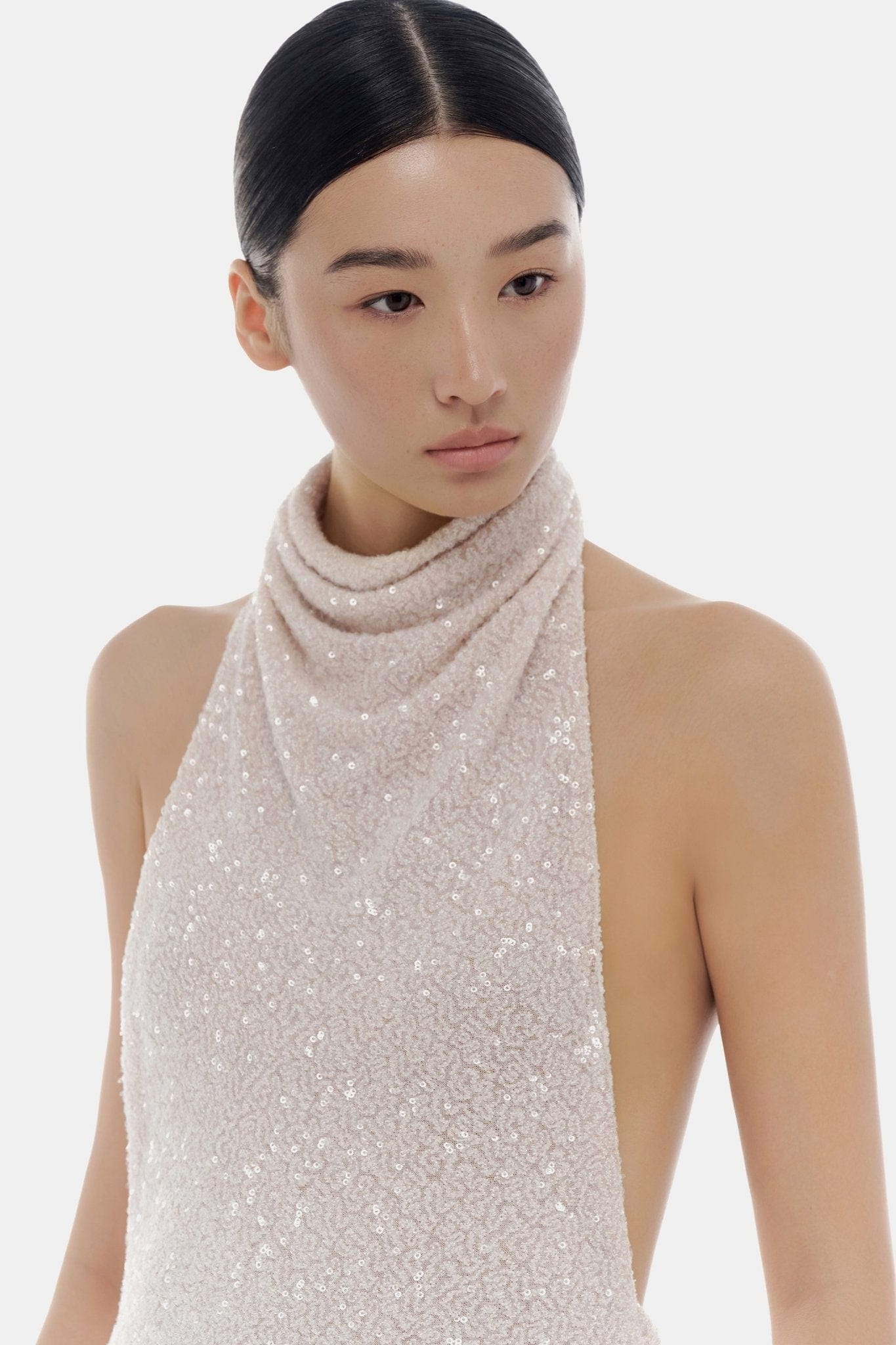 Beige Faux Pearl High - neck Top - Montsand