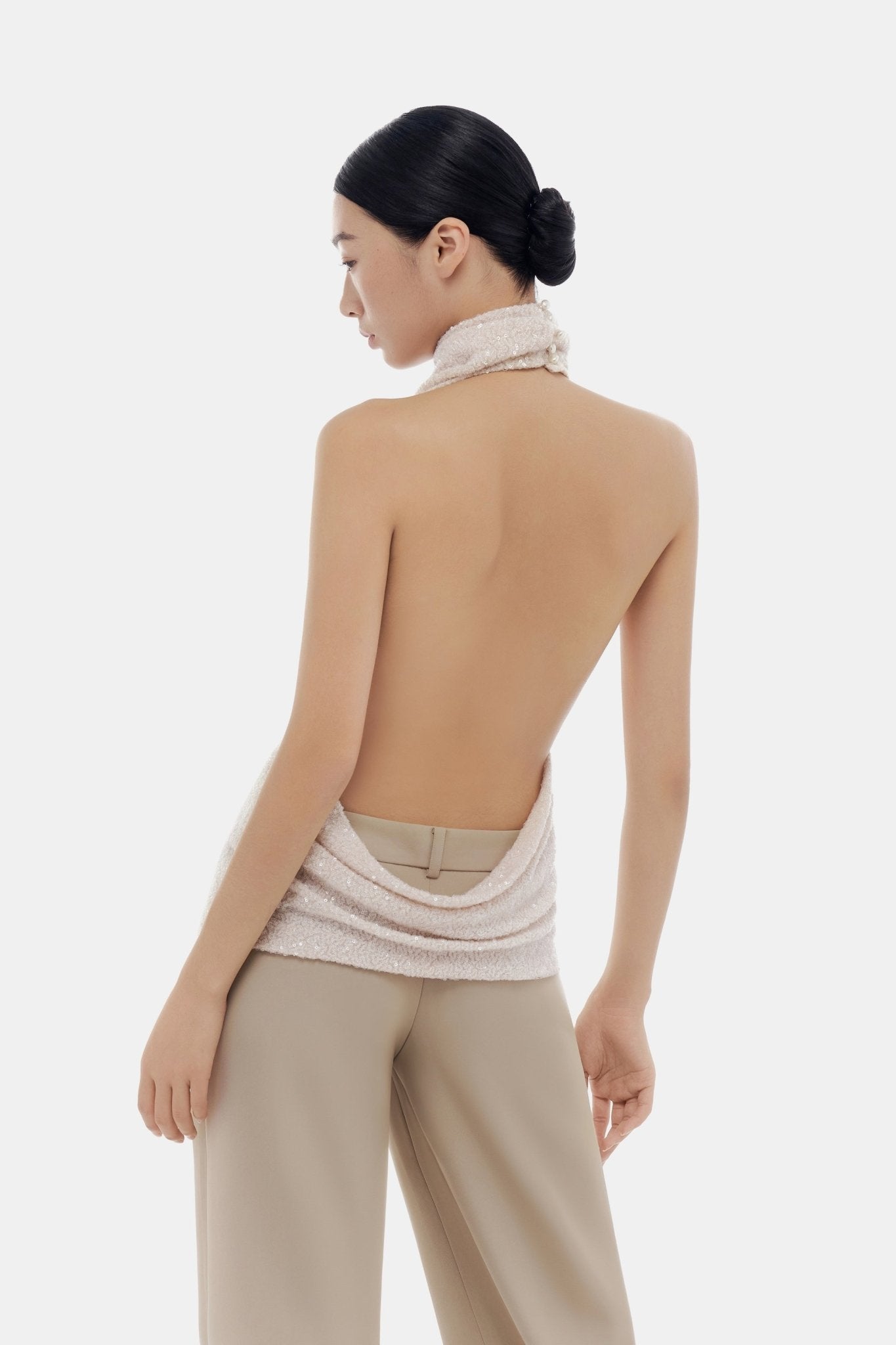 Beige Faux Pearl High - neck Top - Montsand