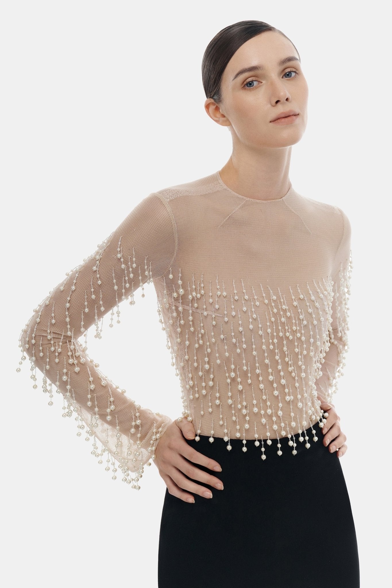 Beige Faux Pearl Longsleeve Top - Montsand