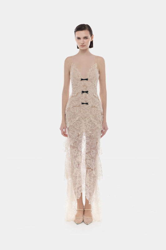 Beige Floral Bow Vneck Maxi Dress - Montsand