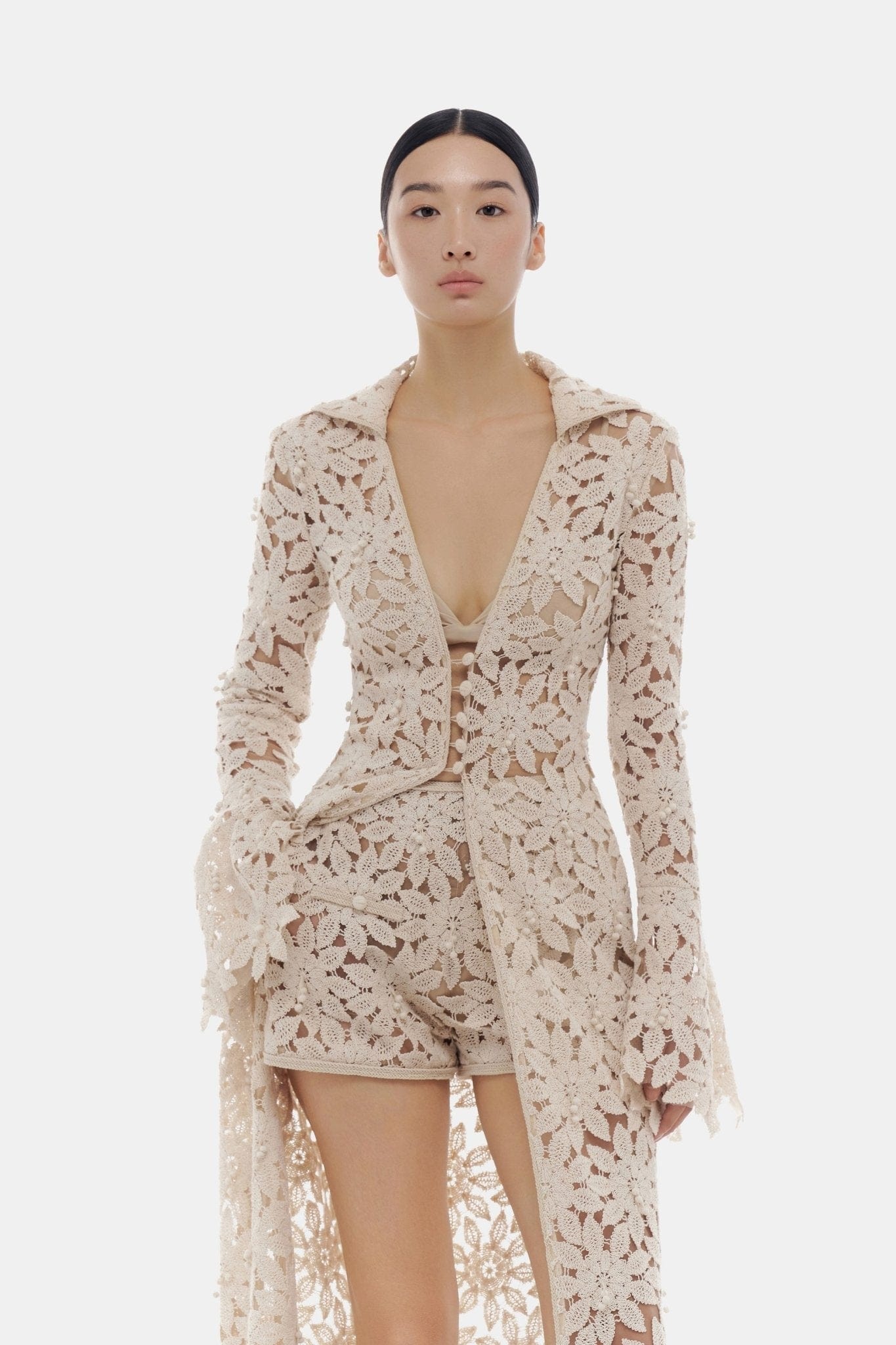 Beige Floral Lace Coat - Montsand