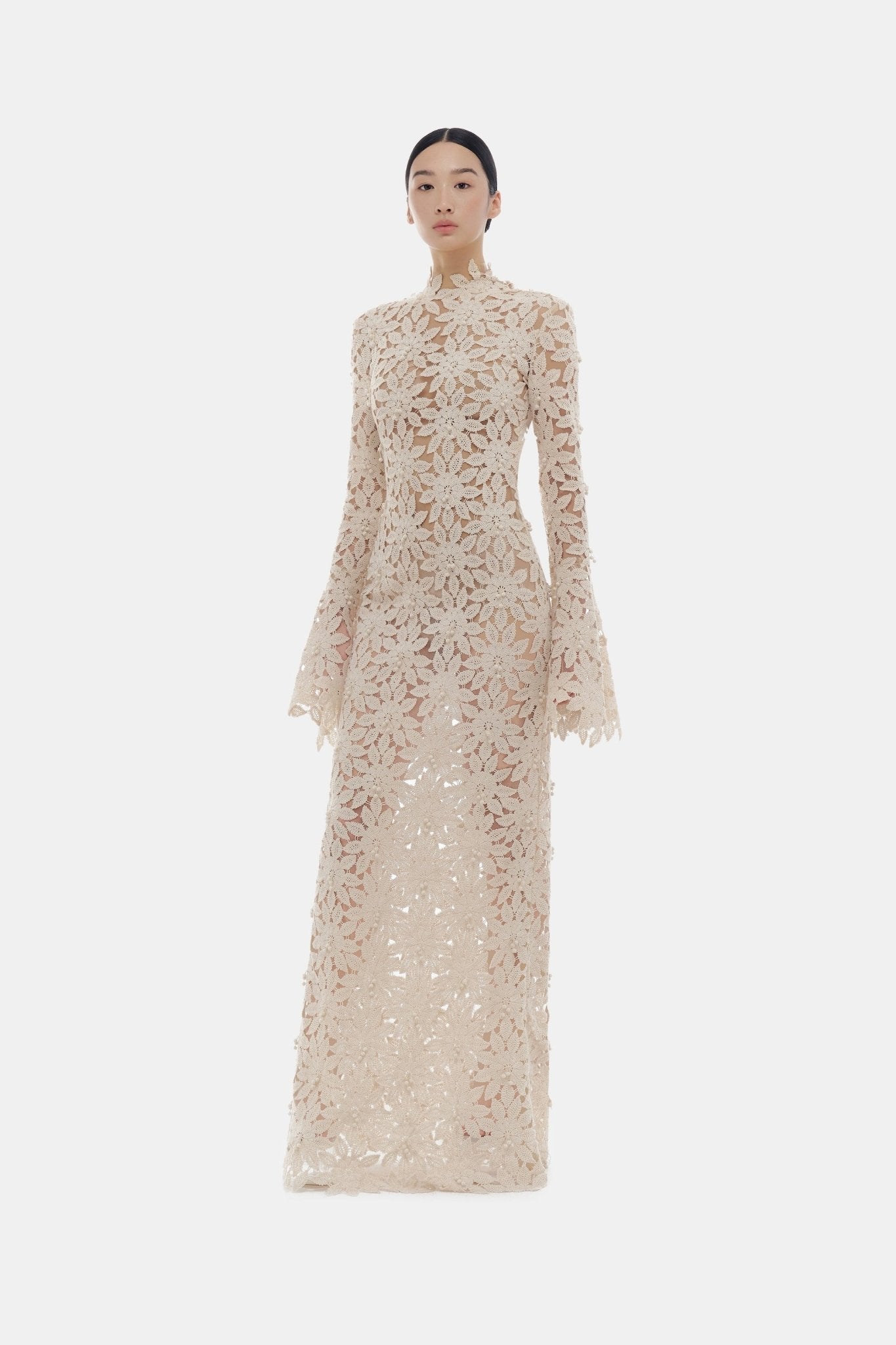 Beige Floral Lace Maxi Dress - Montsand