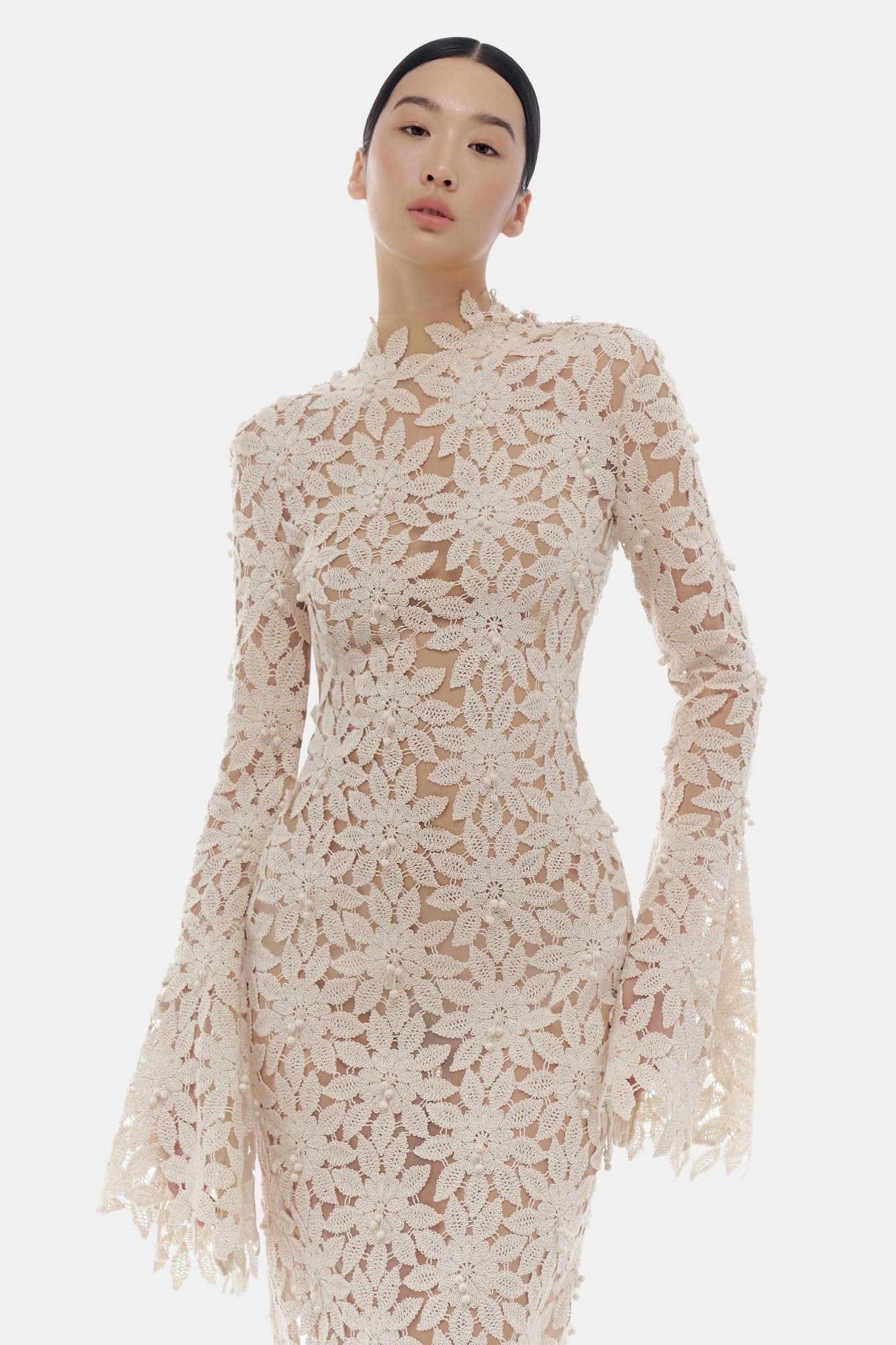 Beige Floral Lace Maxi Dress - Montsand