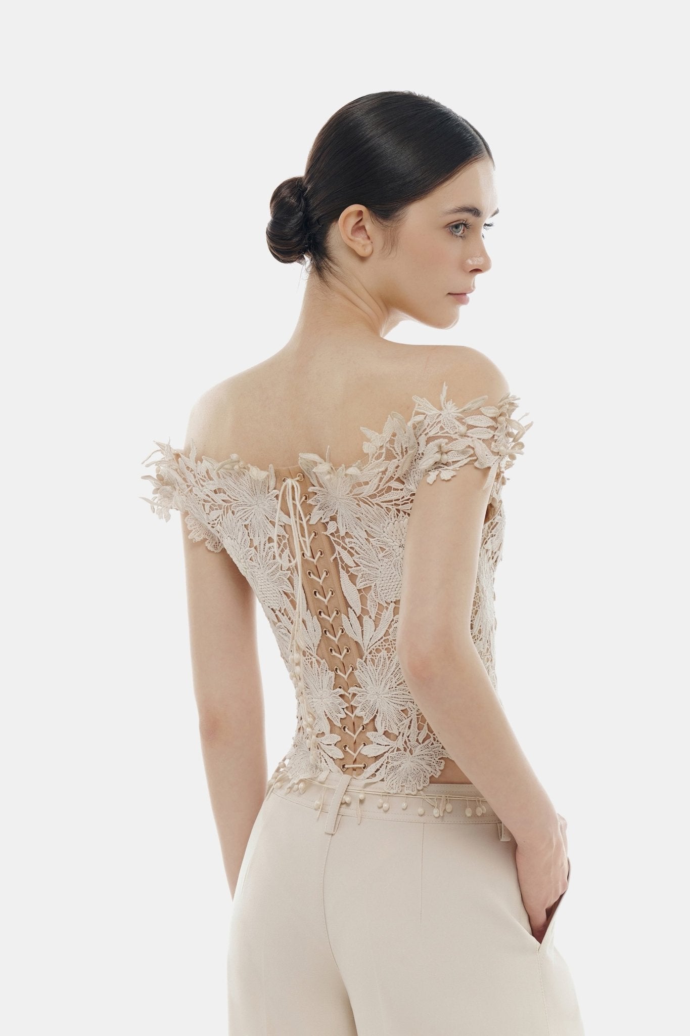 Beige Flower Beaded Corset Top Blouses Montsand