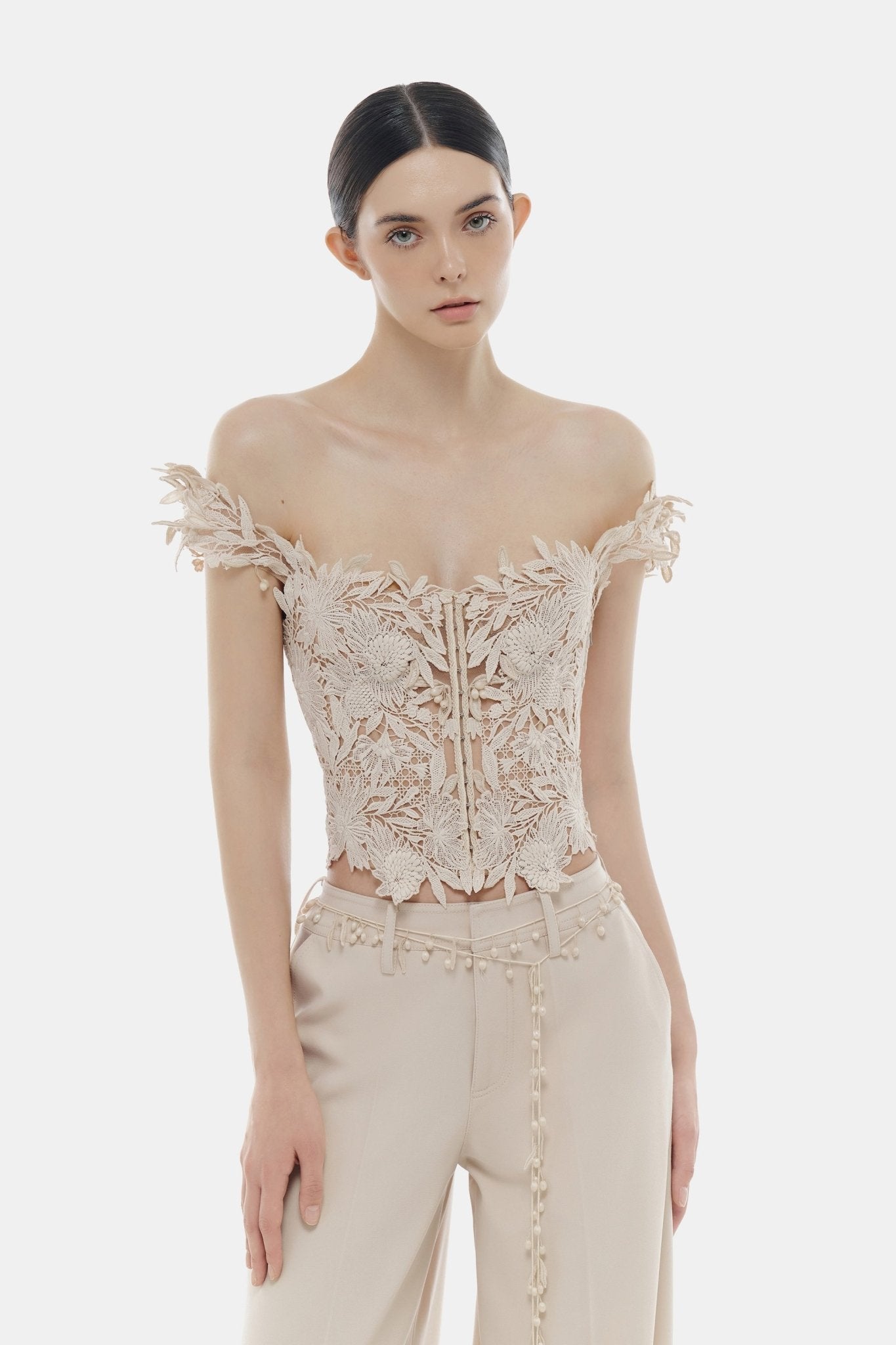 Beige Flower Beaded Corset Top Blouses Montsand