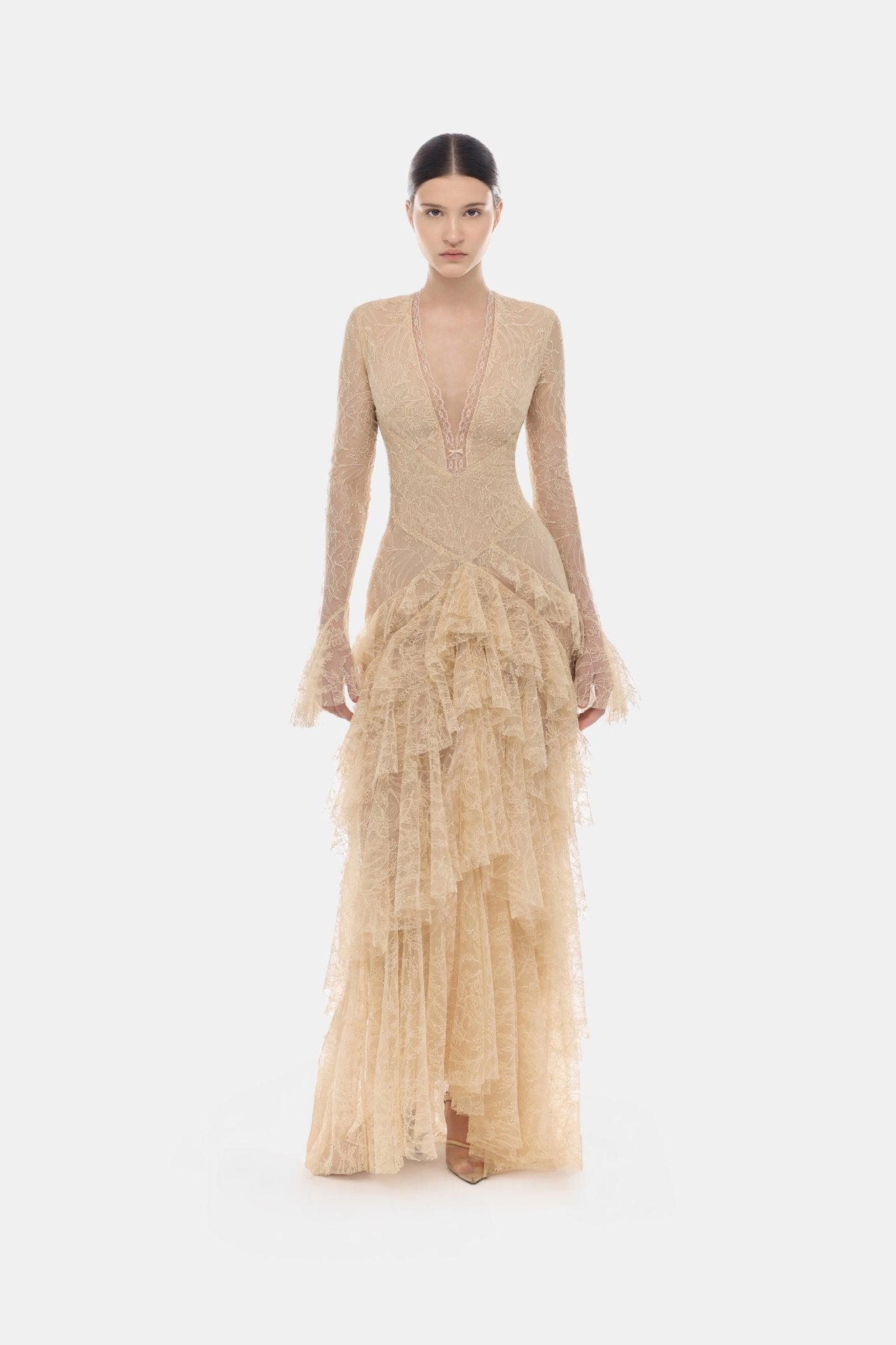 Beige Lace Cascade Dress - Montsand