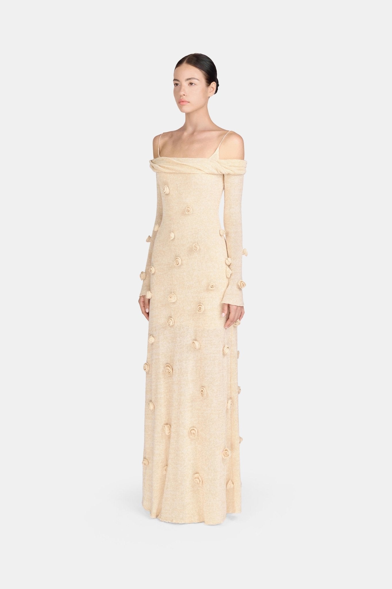 Beige Off-shoulder Floral Dress M