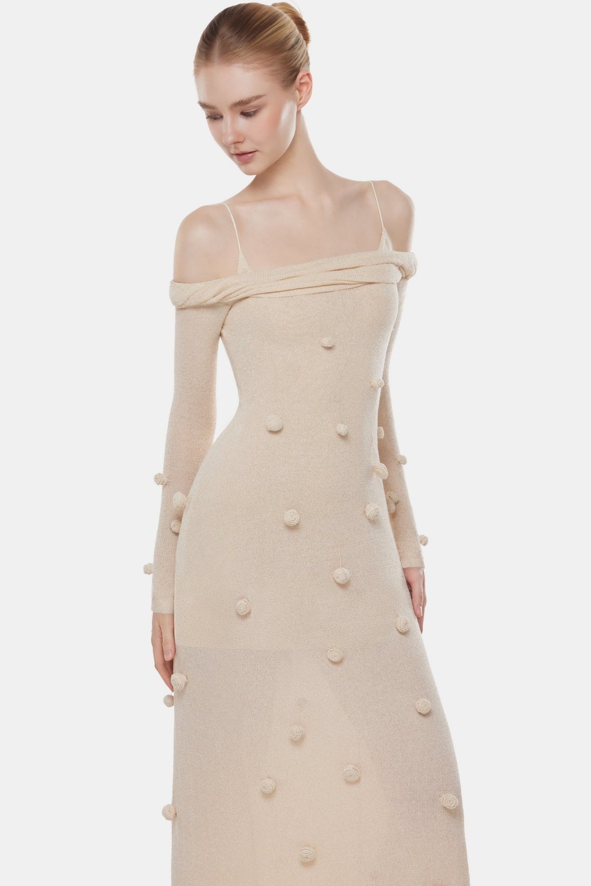 Beige Off-shoulder Floral Dress - Montsand