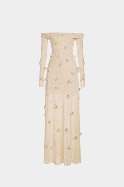 Beige Off-shoulder Floral Dress M Beige Off-shoulder Floral Dress M