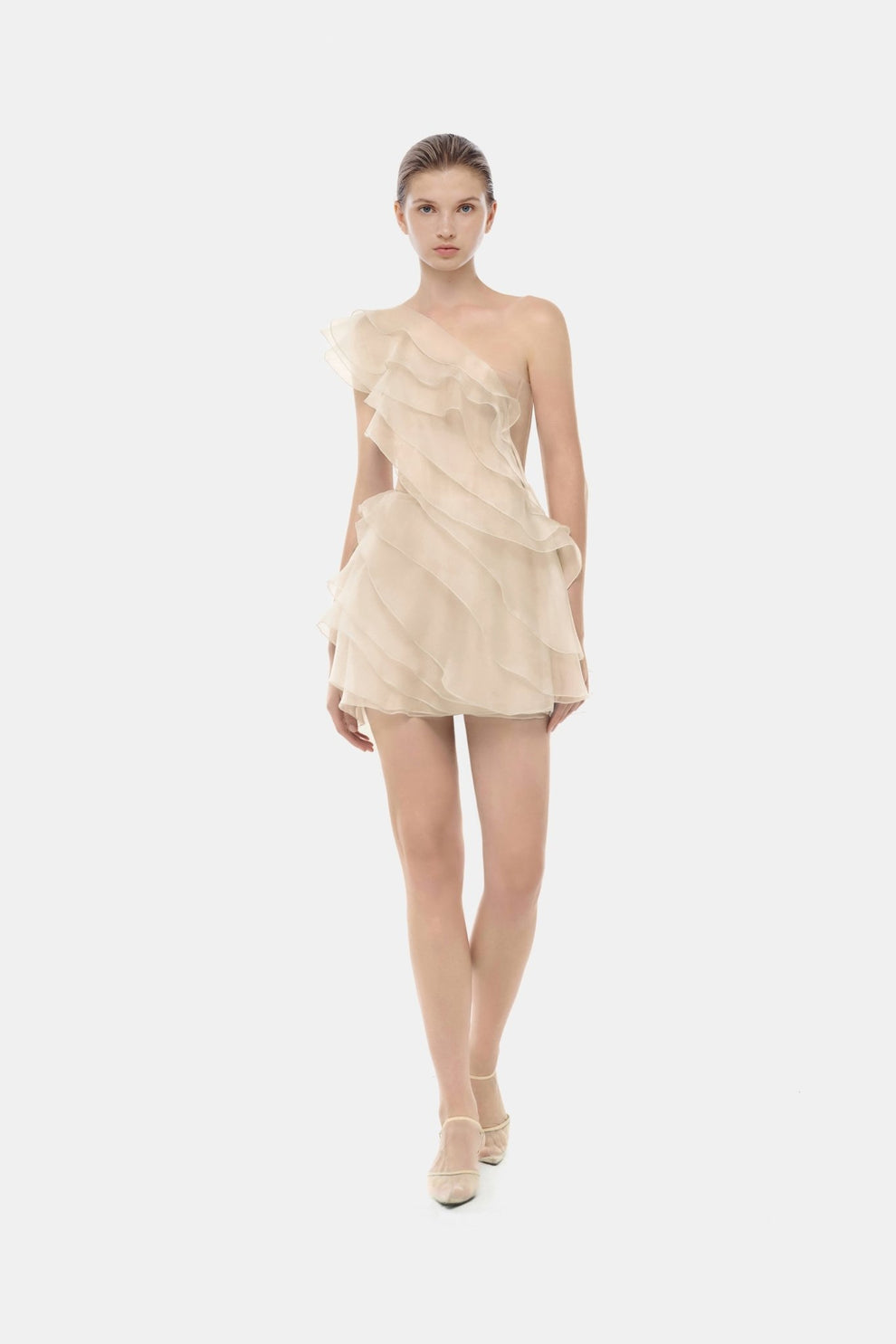 Beige Ruffle One-Shoulder Mini Dress – Montsand