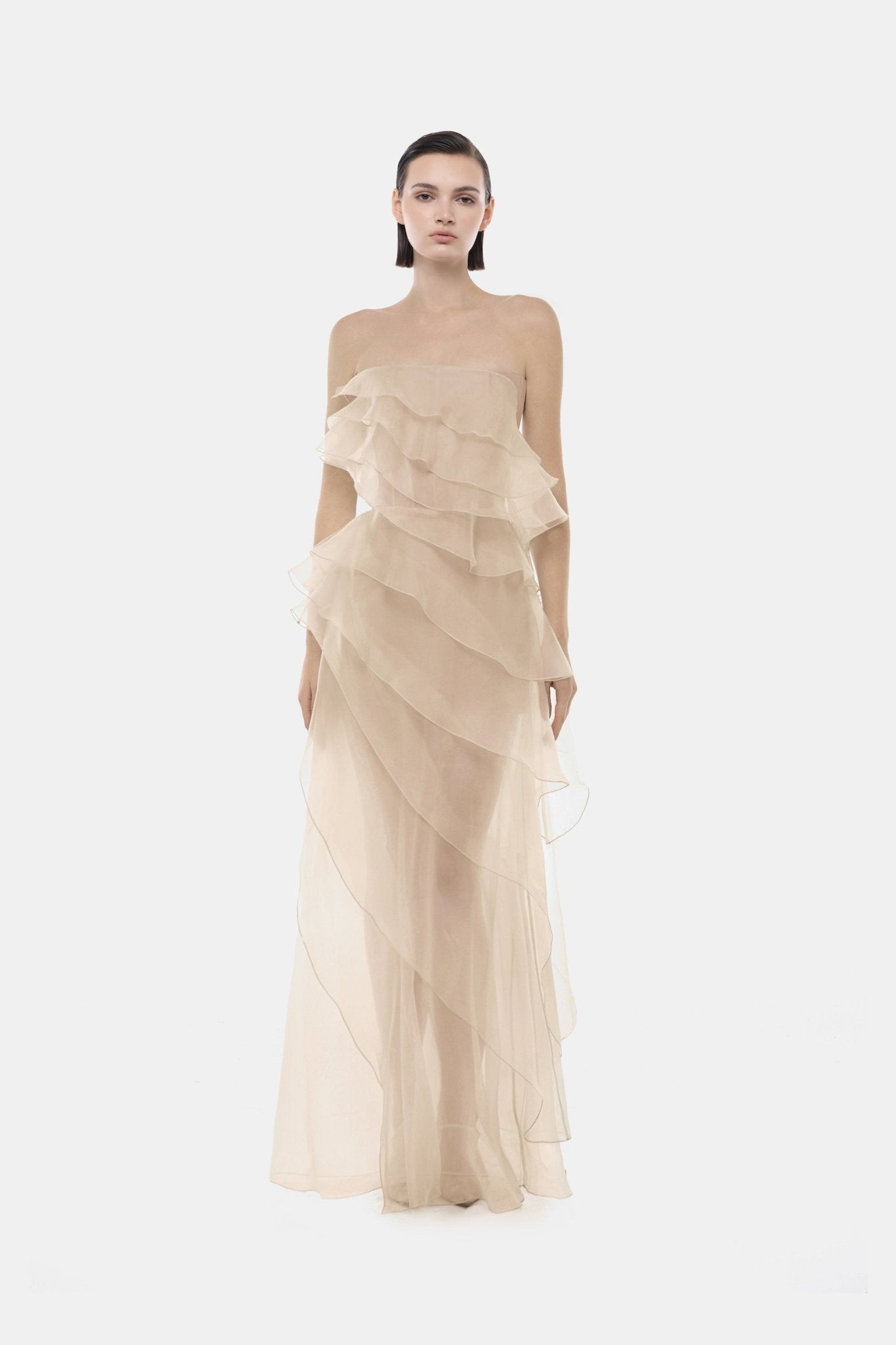 Beige Tiered Strapless Dress - Montsand