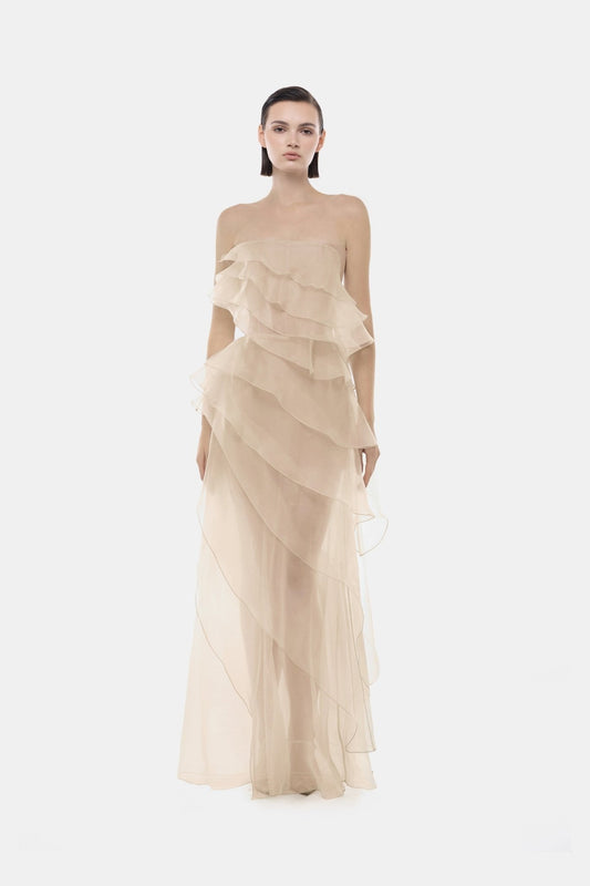 Beige Tiered Strapless Dress - Montsand