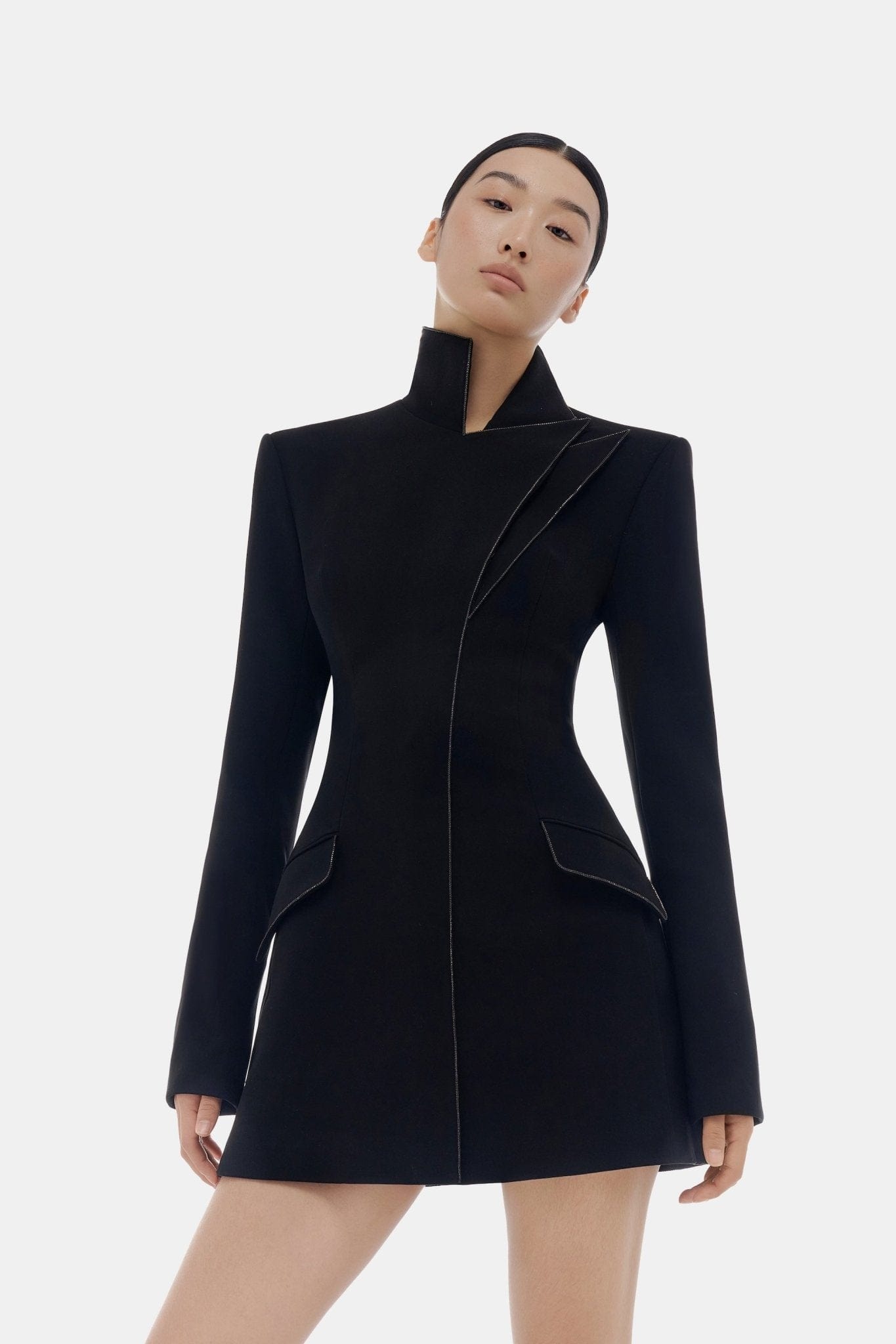 Black Asymmetrical Crystal Beaded Dress - Montsand