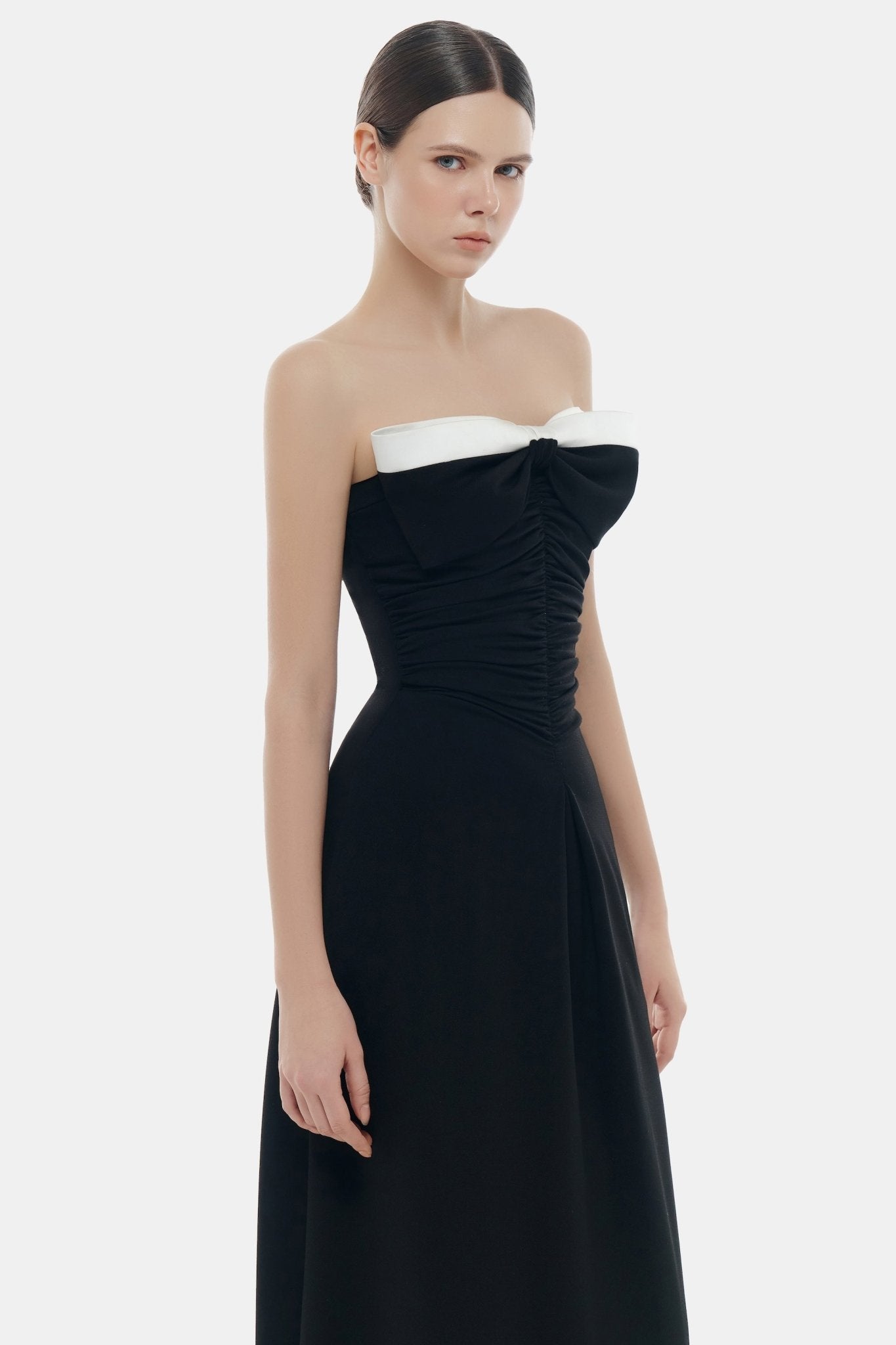 Black Bow Ruched Midi Dress Dresses Montsand