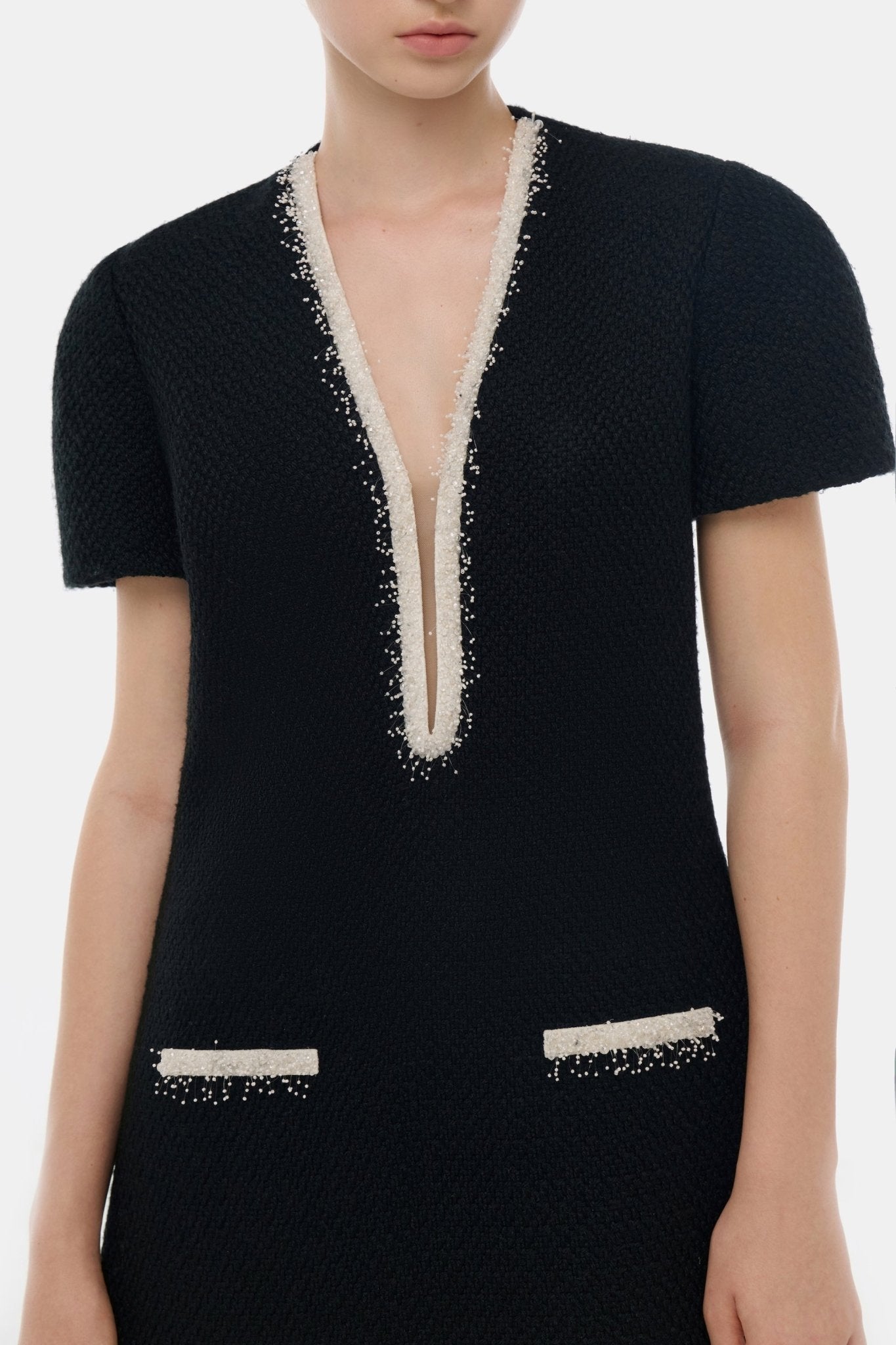 Black Deep-V Tweed Mini Dress - XS Black Deep-V Tweed Mini Dress - XS