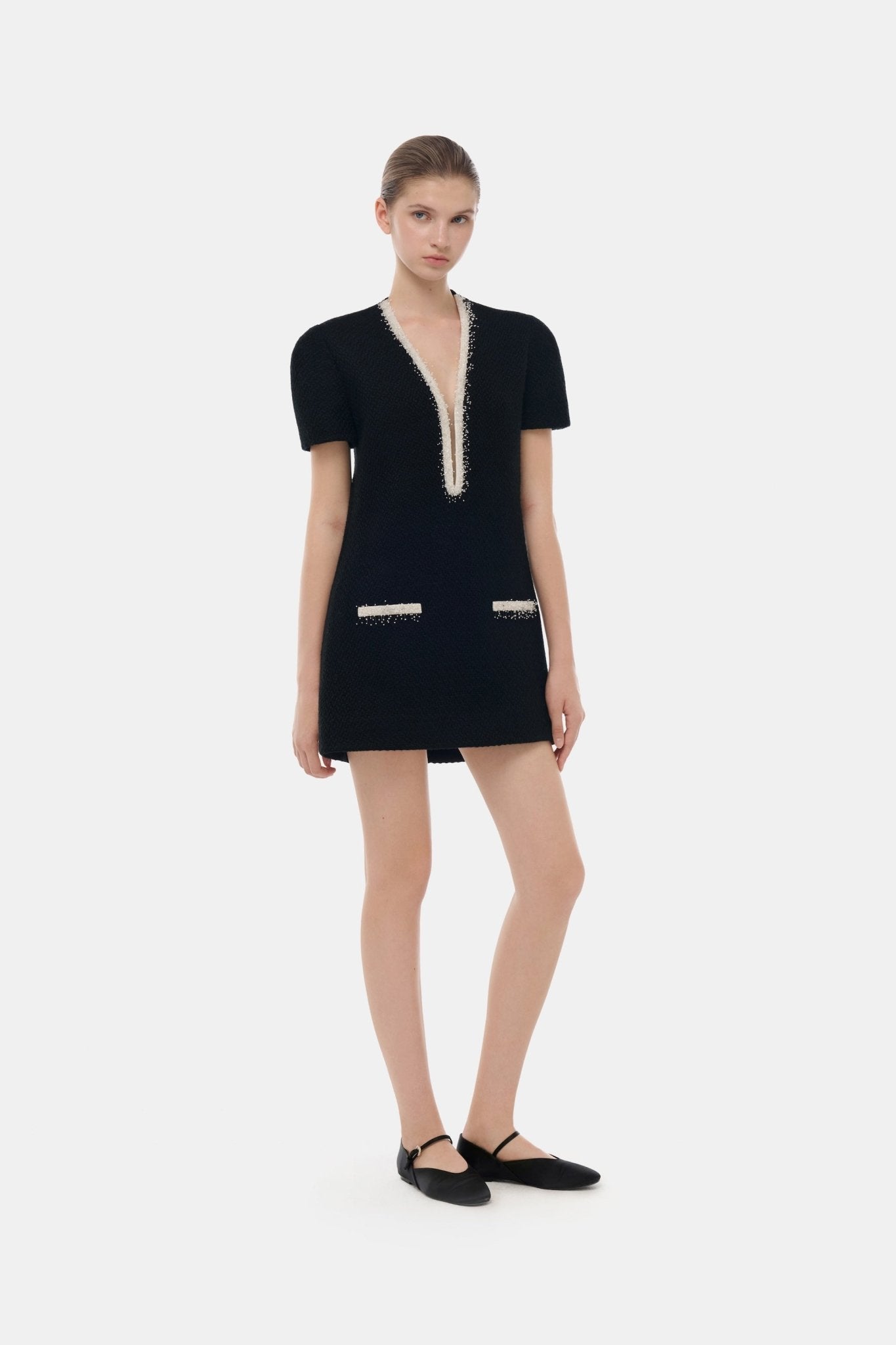Black Deep-V Tweed Mini Dress - XS Black Deep-V Tweed Mini Dress - XS
