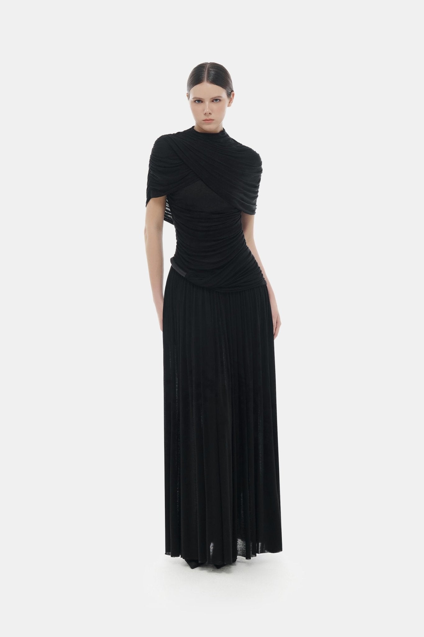 Black Draped Cape Maxi Dress Dresses Montsand