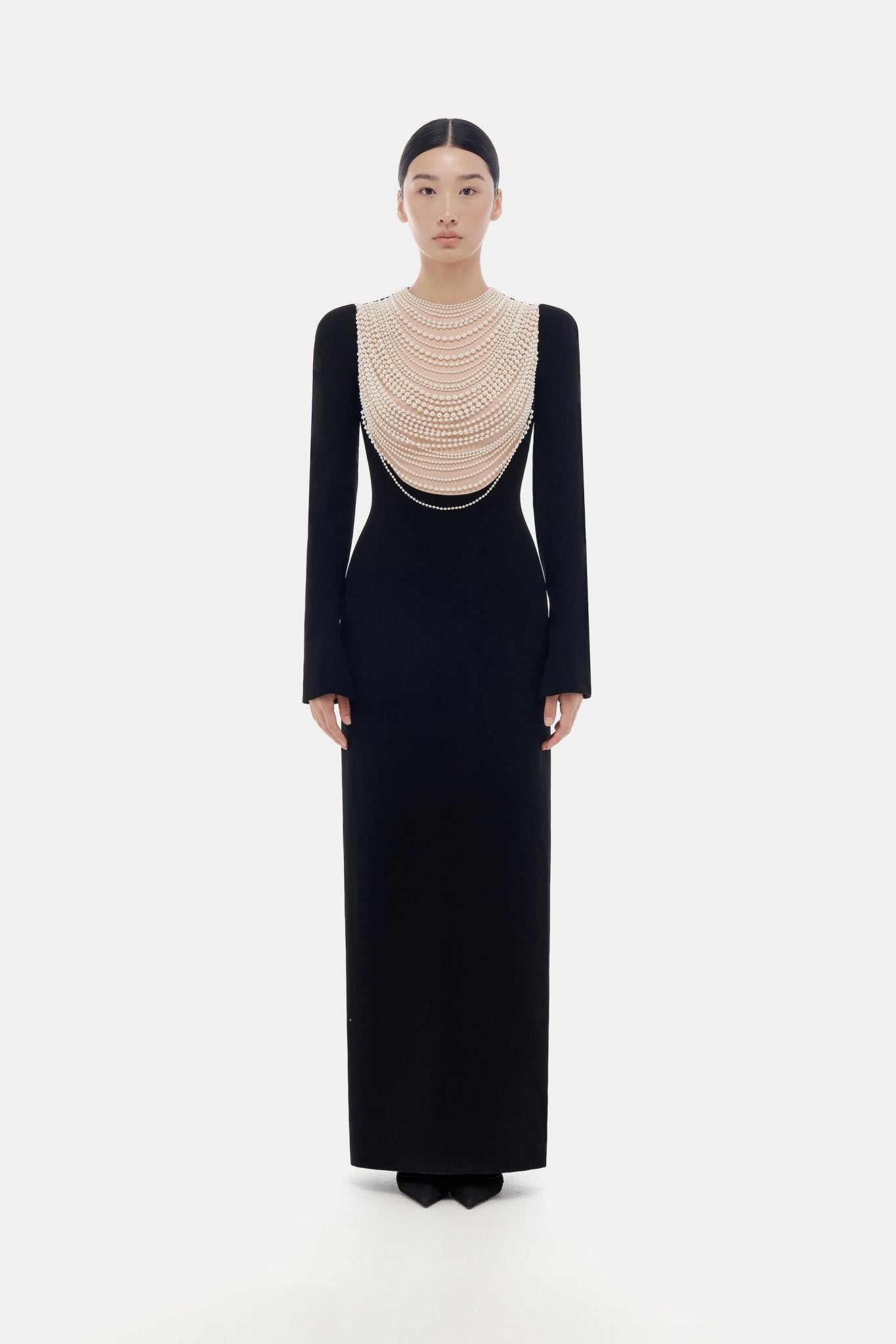 black pearl embellished dress Mackie Pearl-Embellished Strapless Gown In Black Night Novas