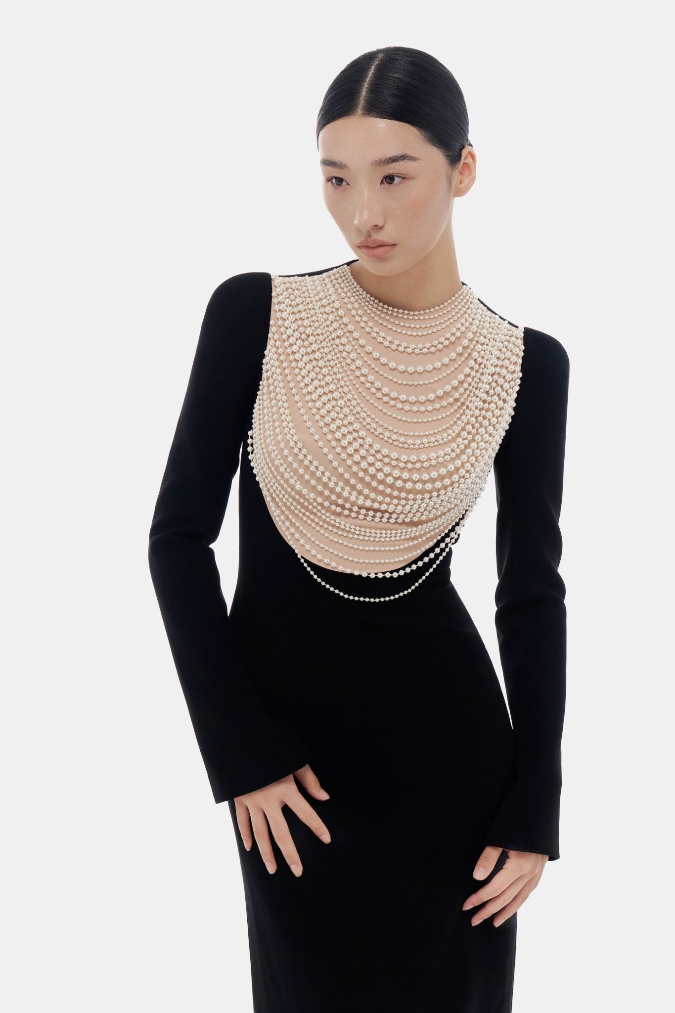 Black Faux - pearl Embellished Dress - Montsand